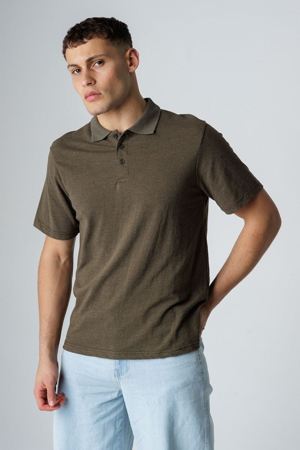 Influence Influence Men's Cotton Light Knit Short Sleeve Button Polo Shirt in Khaki