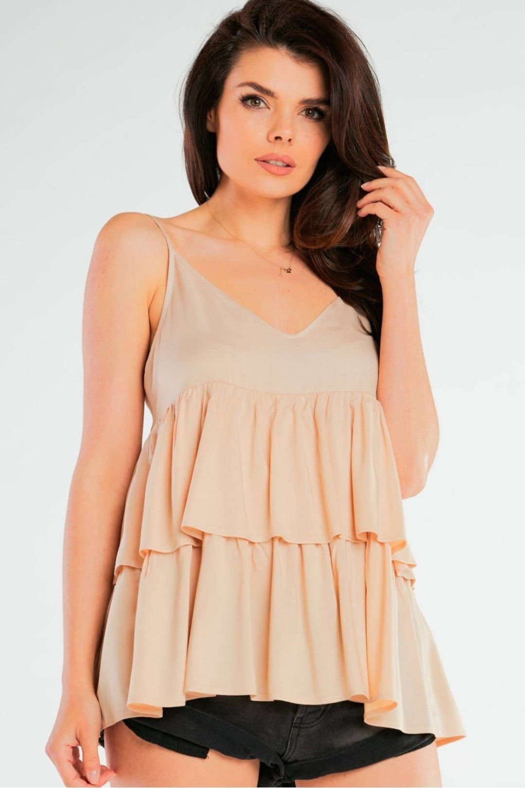 Love Lace Love Lace Women's Loose Viscose Blouse with Thin Straps Frills in Beige