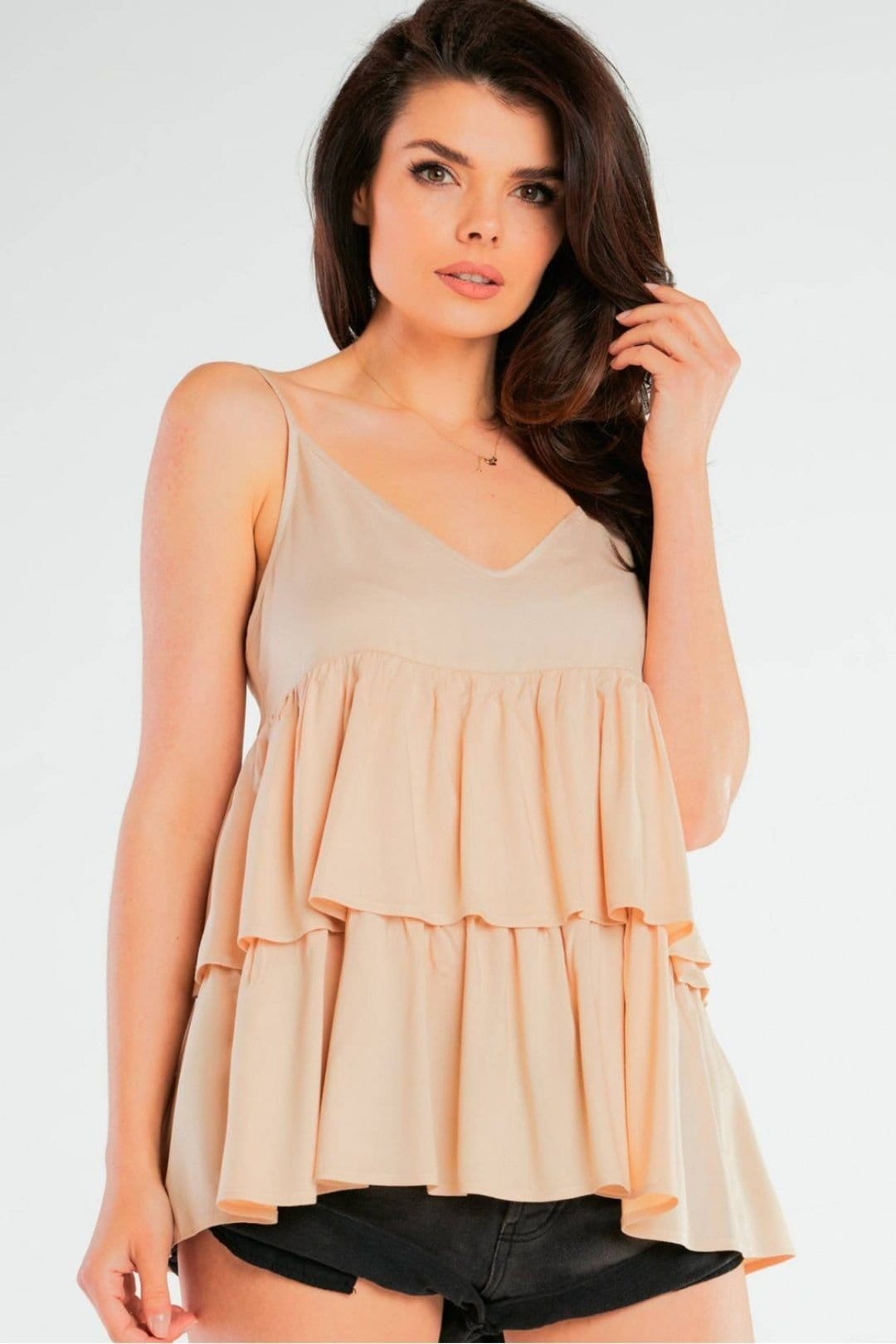 Love Lace Beige Viscose Loose Blouse with Frills