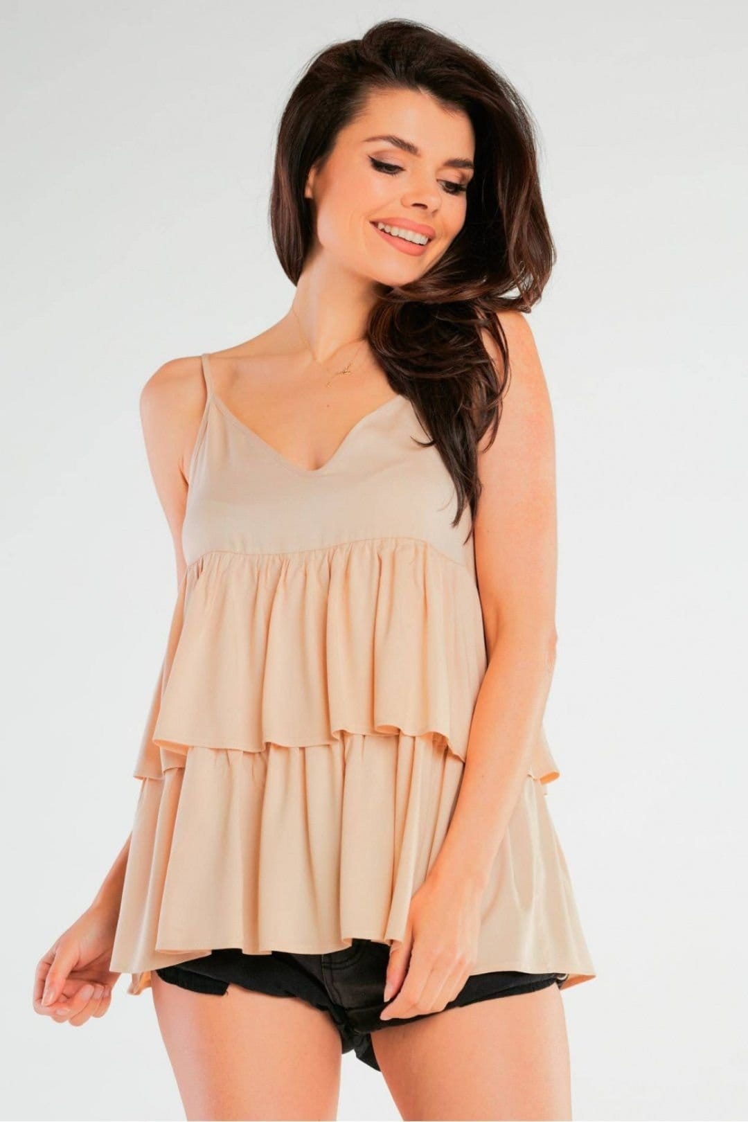Love Lace Love Lace Women's Loose Viscose Blouse with Thin Straps Frills in Beige - 4