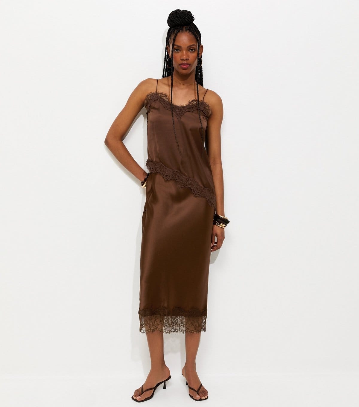 New Look Dark Brown Lace Trim Midi Skirt