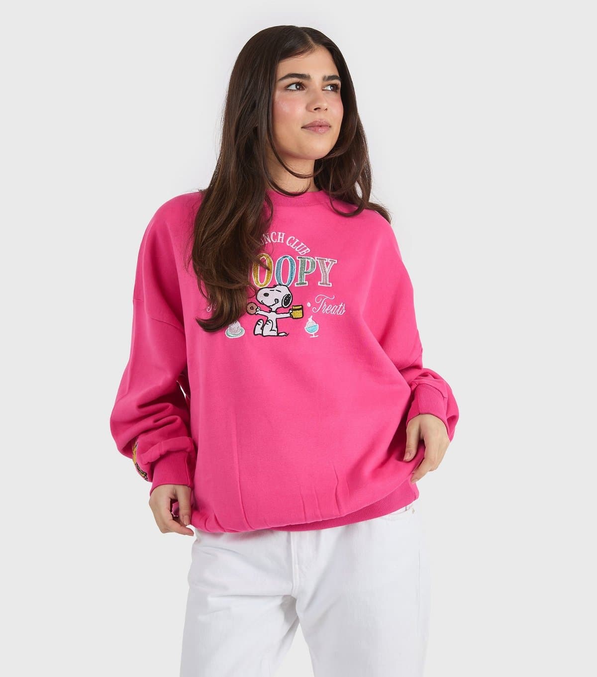 Skinnydip Women's Pink Embroidered Peanuts Snoopy Sweatshirt Skinnydip New Look