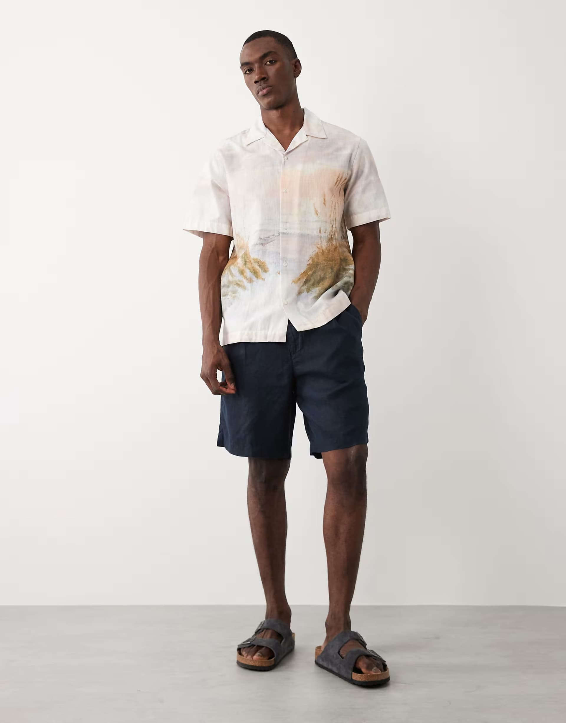 ASOS Selected short sleeve shirt with sunset print in cream