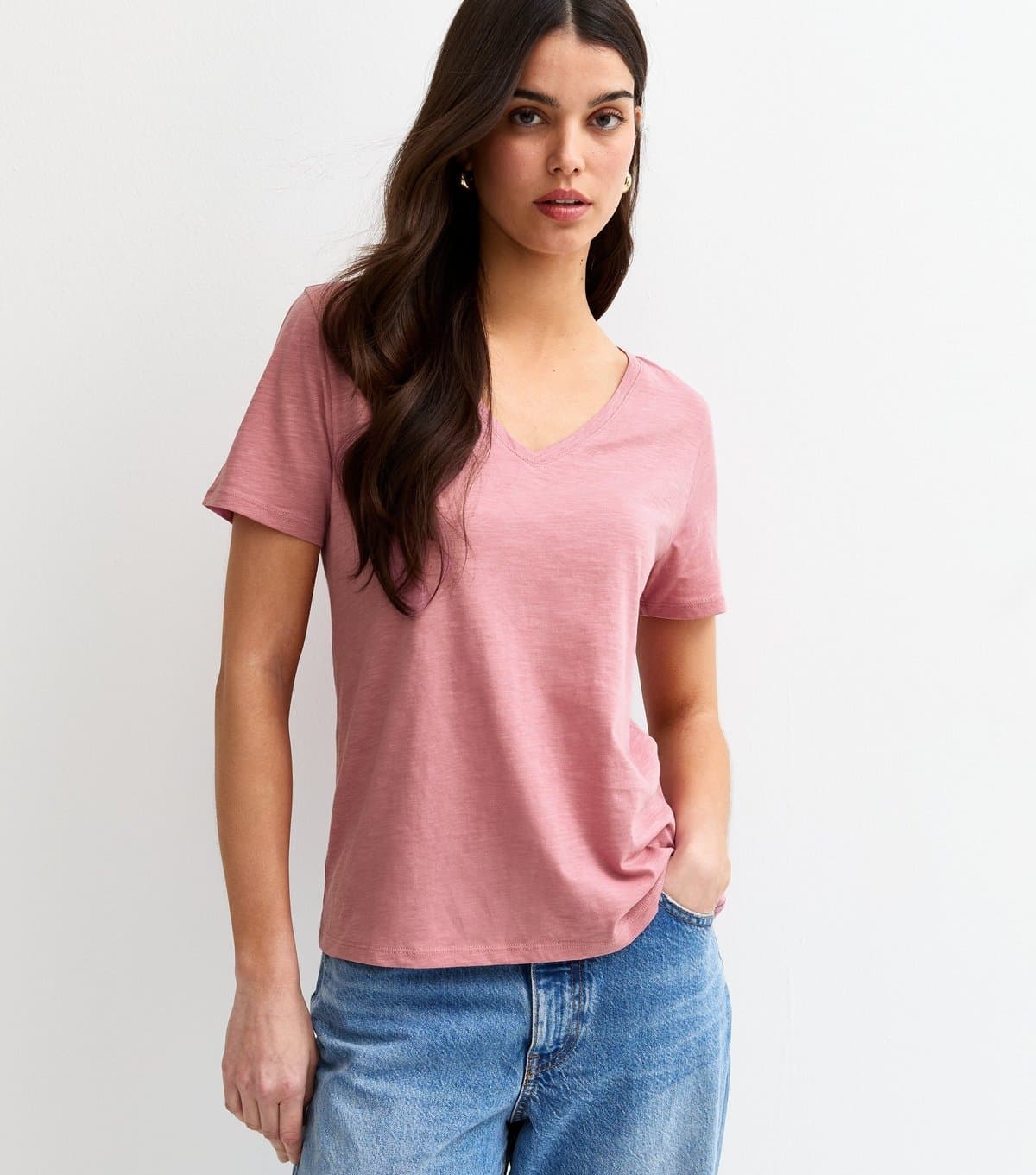New Look Women's Pink Cotton V Neck T-Shirt New Look