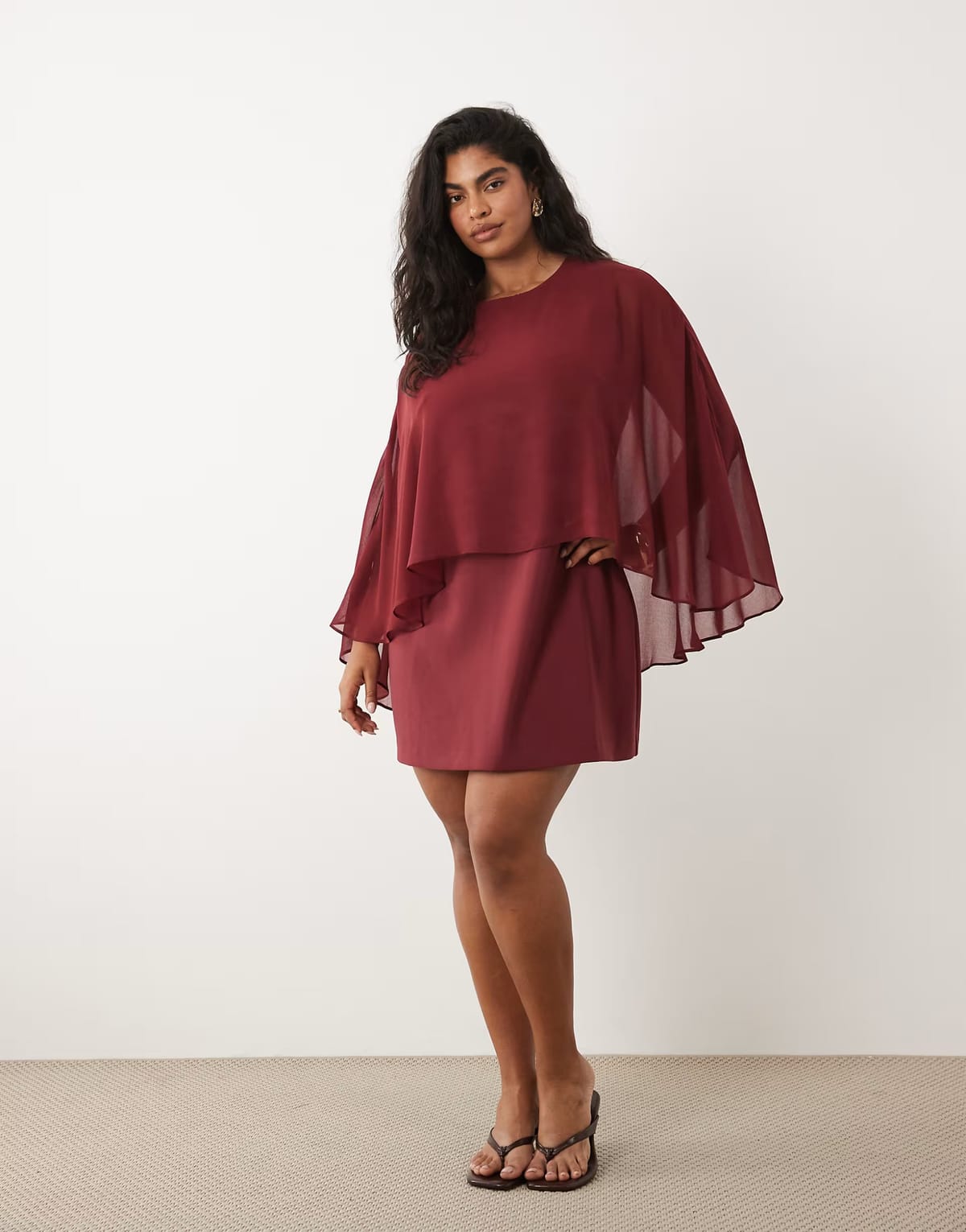 ASOS Forever New Curve chiffon cape detail mini dress in burgundy - 1