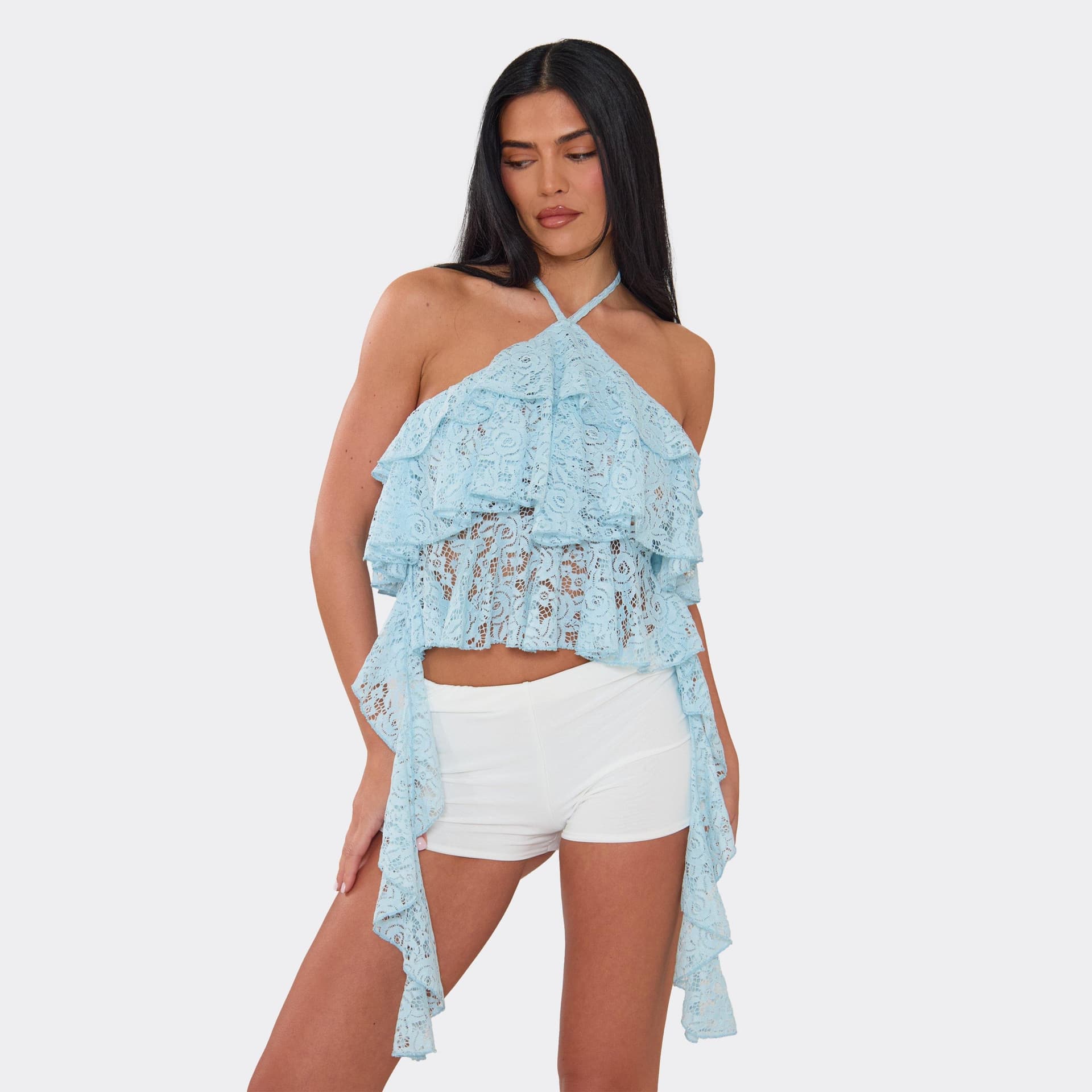 EGO Halterneck Tiered Ruffle Top In Blue Lace, Women's Size UK 6