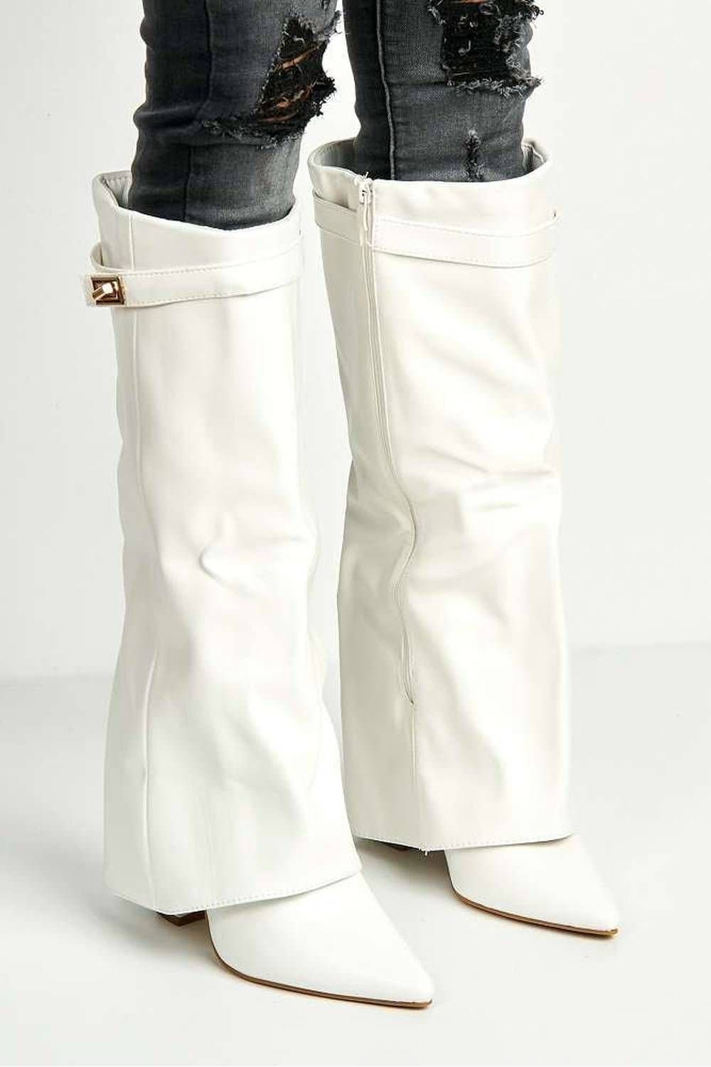 Miss Diva Miss Diva Women's Ayla Block Heel Pointy Toe Collared PU Calfboots with Clasp Detail in White