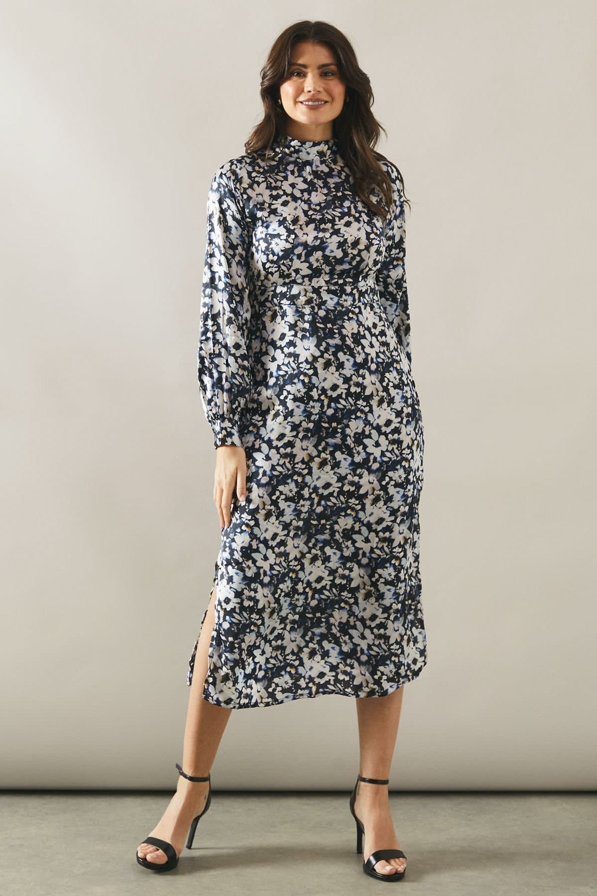 Wallis Wallis Women's Floral Print High Neck Satin Midi Dress in Blue