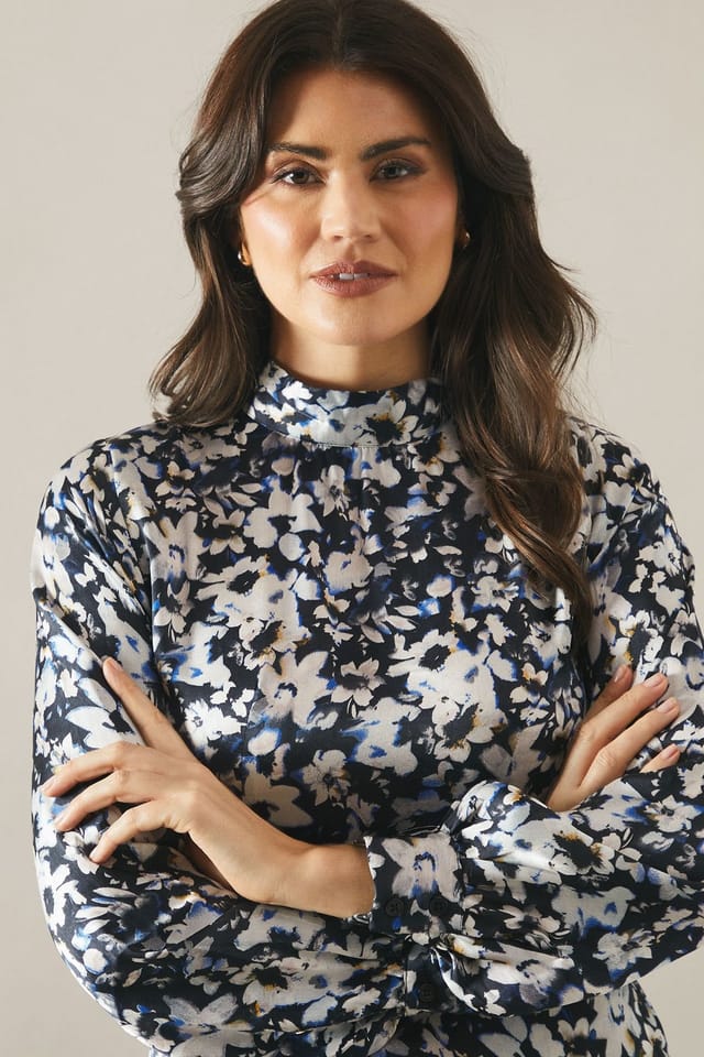 Wallis Wallis Women's Floral Print High Neck Satin Midi Dress in Blue - 2