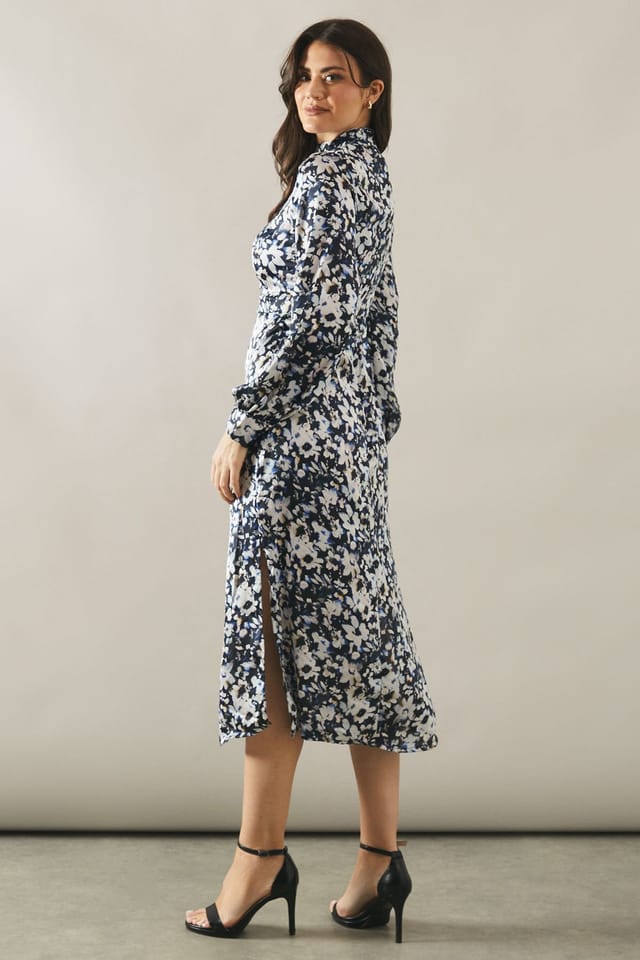 Wallis Wallis Women's Floral Print High Neck Satin Midi Dress in Blue - 3