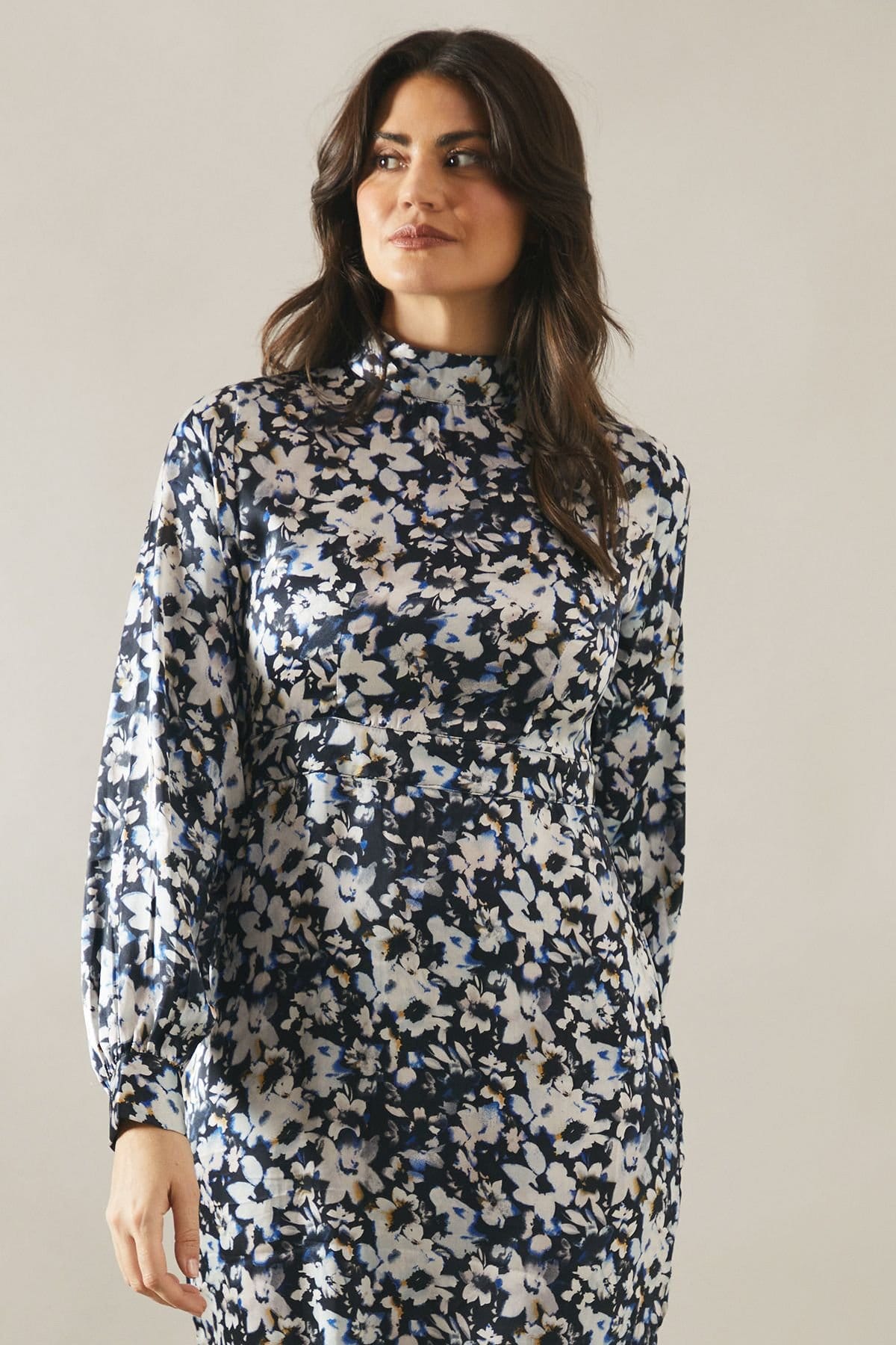 Wallis Wallis Women's Floral Print High Neck Satin Midi Dress in Blue - 4