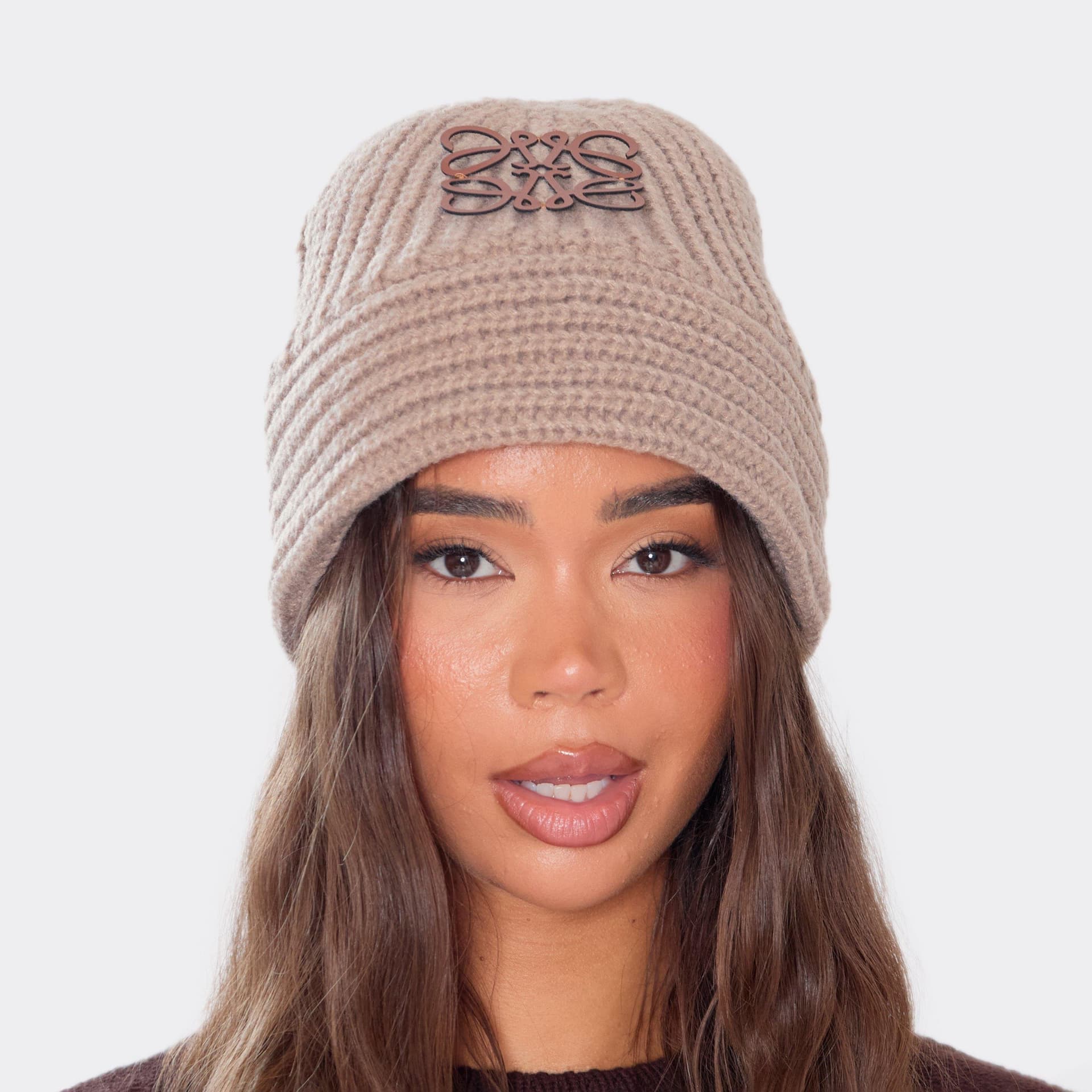 EGO Logo Detail Beanie Hat In Taupe Knit, Women's Size UK 0