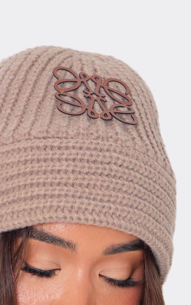 EGO Logo Detail Beanie Hat In Taupe Knit, Women's Size UK 0 - 2