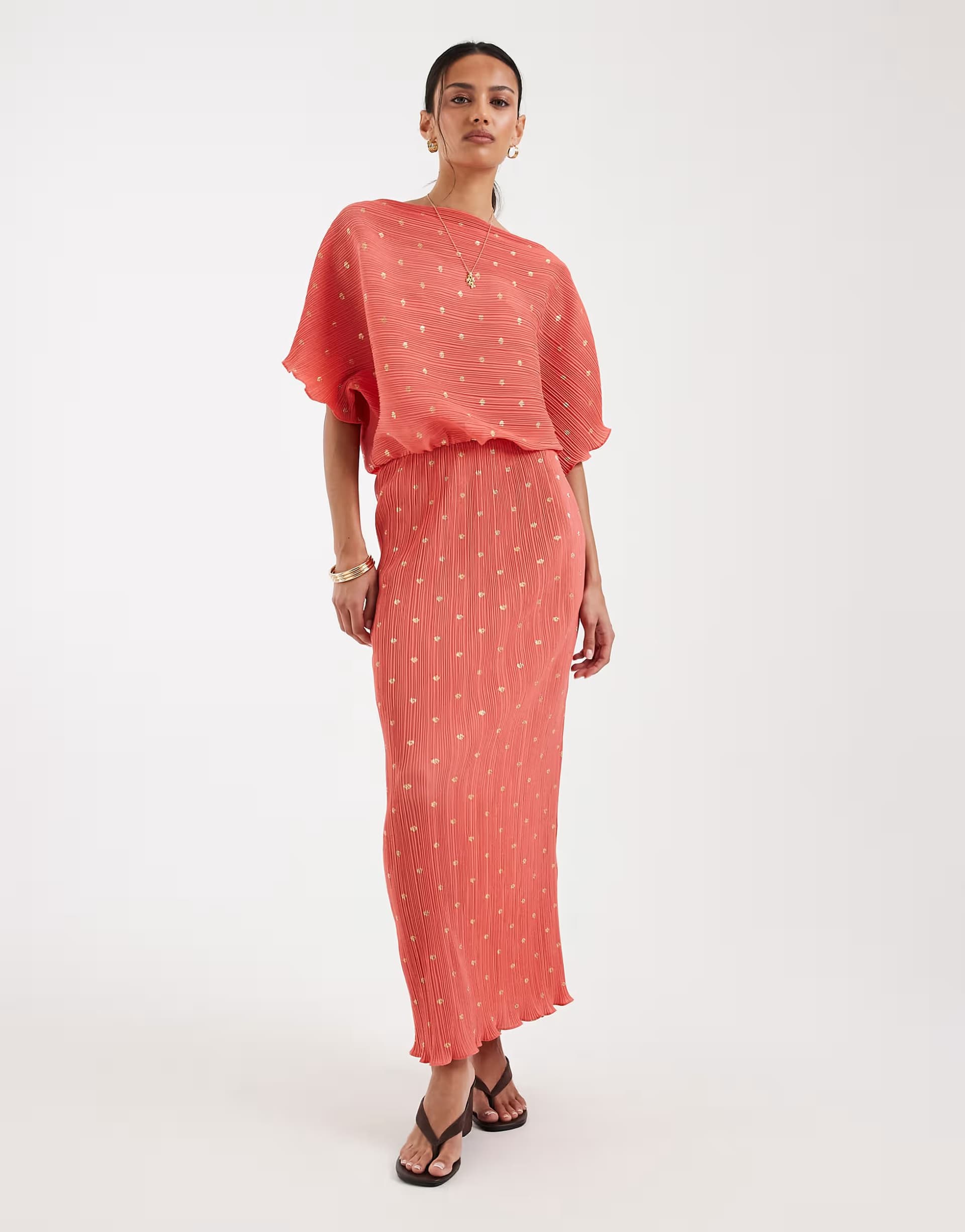 ASOS Never Fully Dressed Tilly off shoulder plisse maxi dress in metalic coral spot