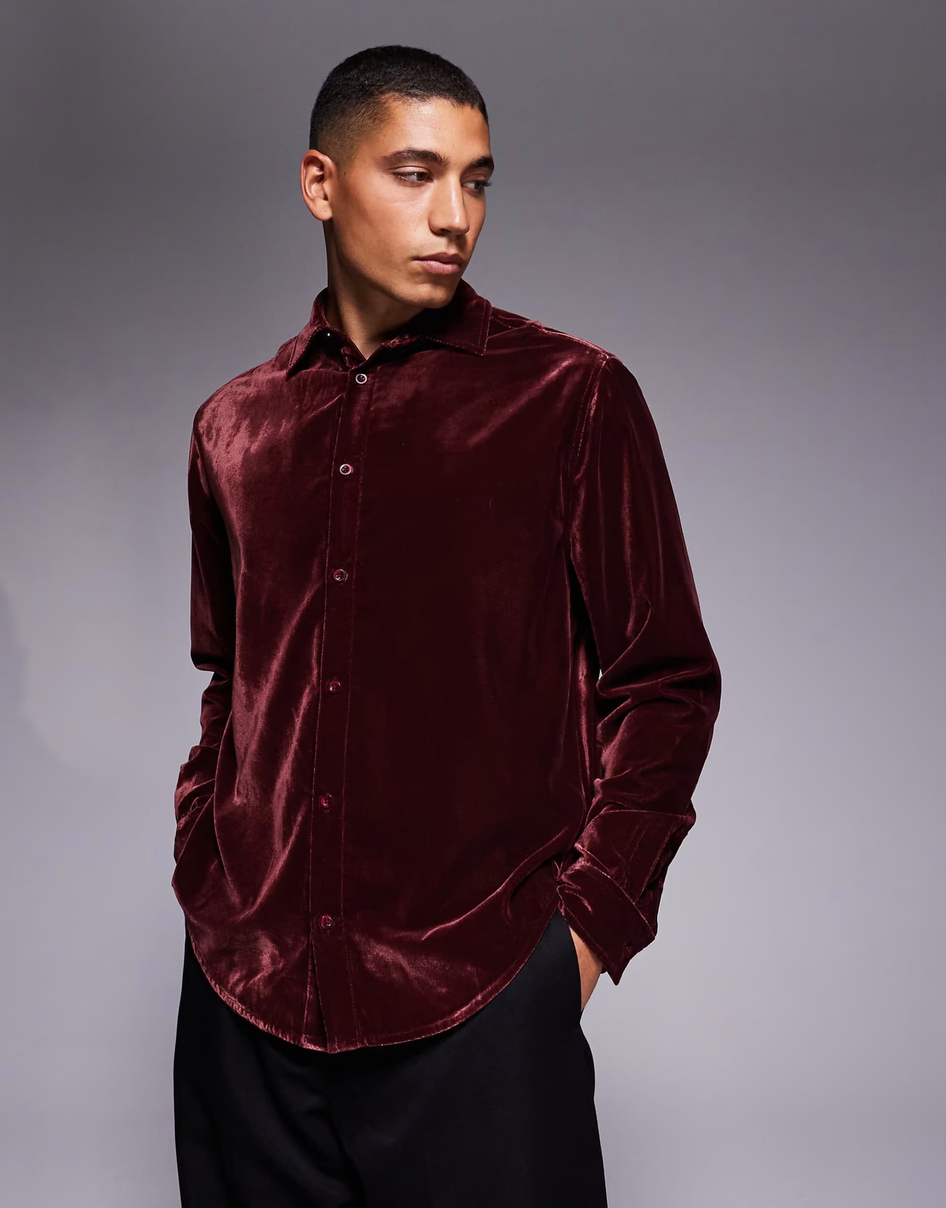 ASOS ASOS DESIGN Burgundy Velvet Long-Sleeve Shirt