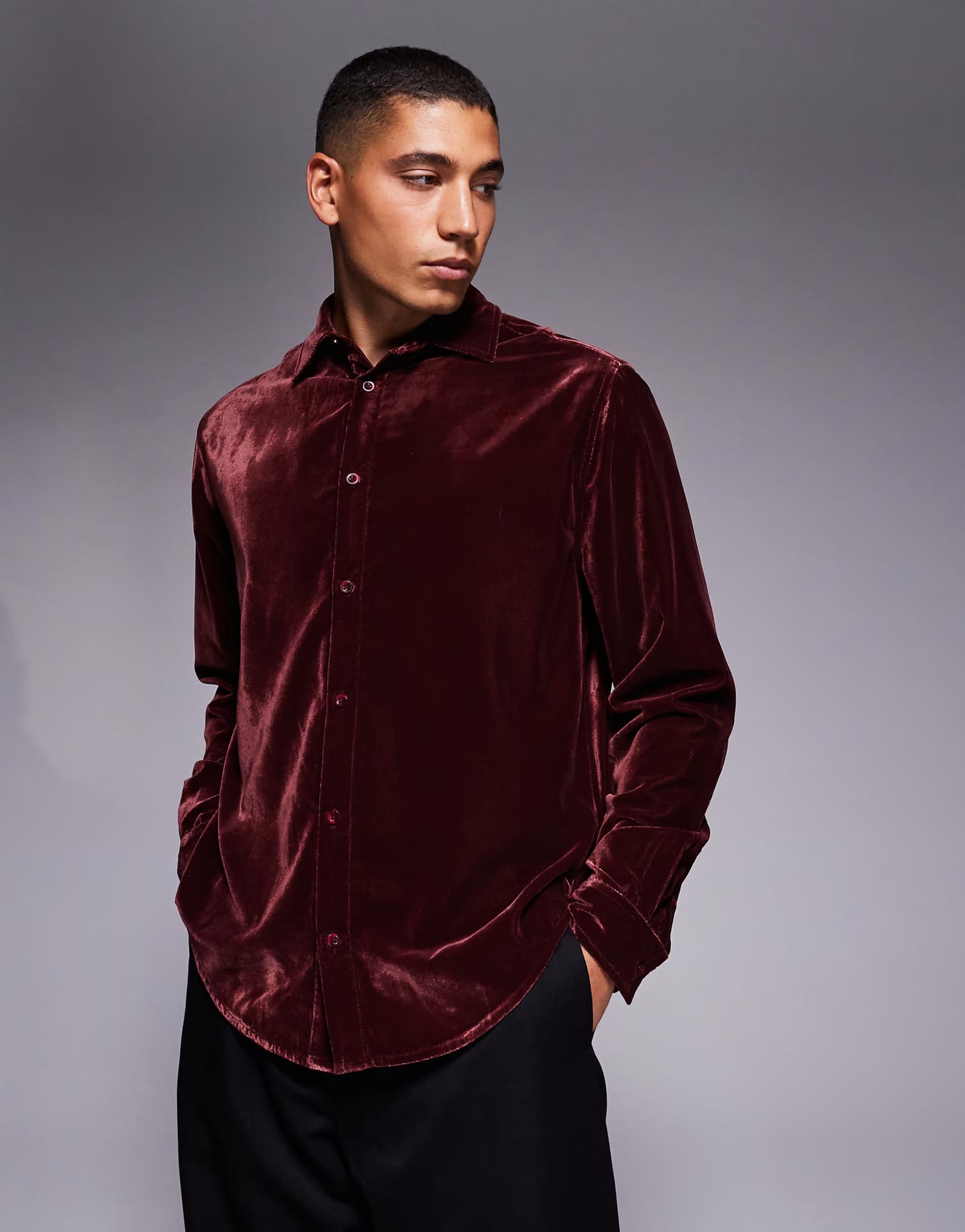 ASOS DESIGN Burgundy Velvet Long-Sleeve Shirt