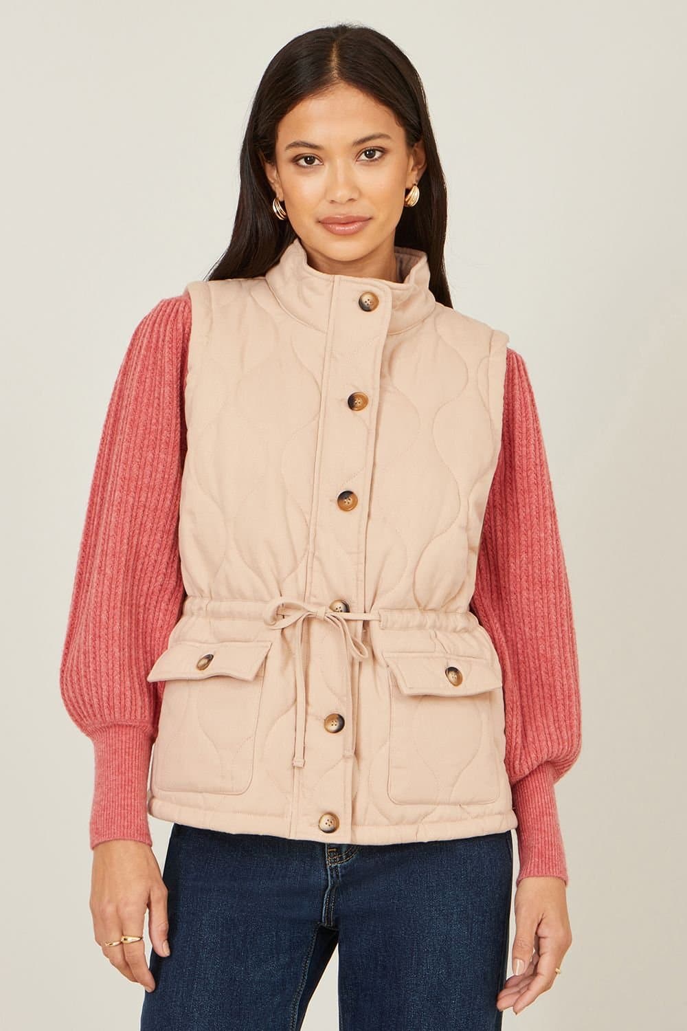 Yumi Yumi Women's Beige Quilted Utility Gilet in Taupe