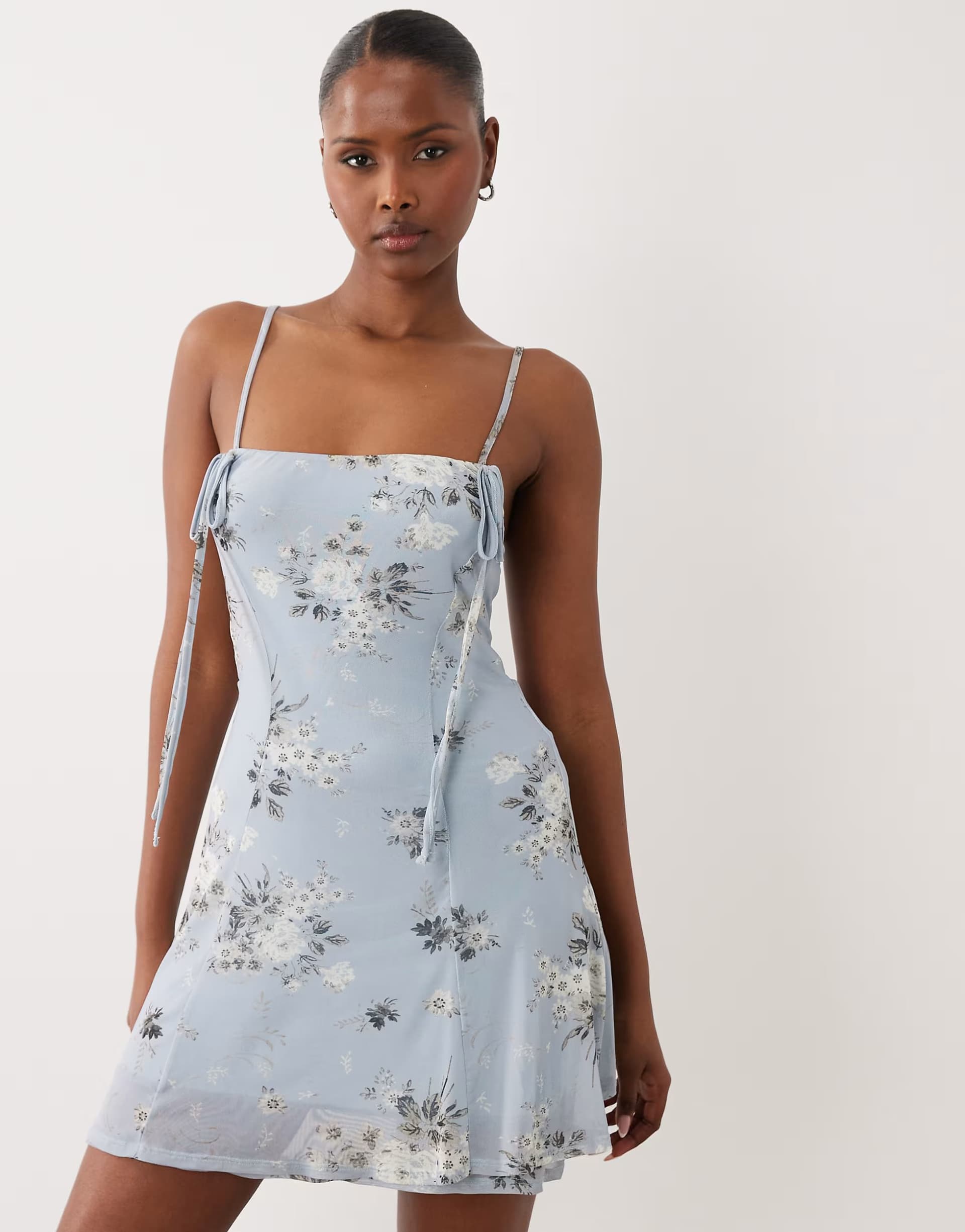 ASOS ASOS DESIGN stretch chiffon mini square neck cami dress with peek a boo underlayer in blue floral