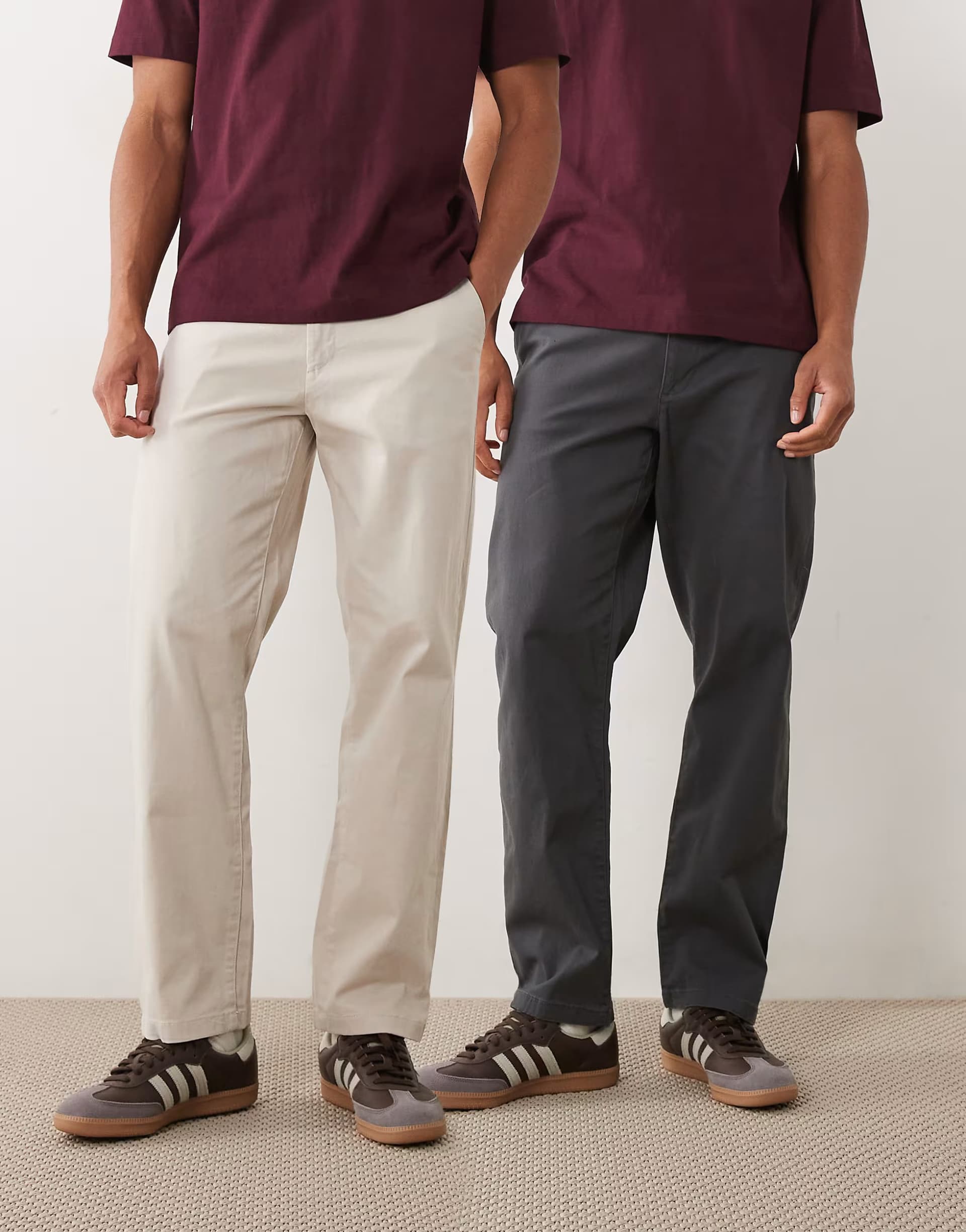 ASOS ASOS DESIGN 2 pack straight chinos in charcoal and stone