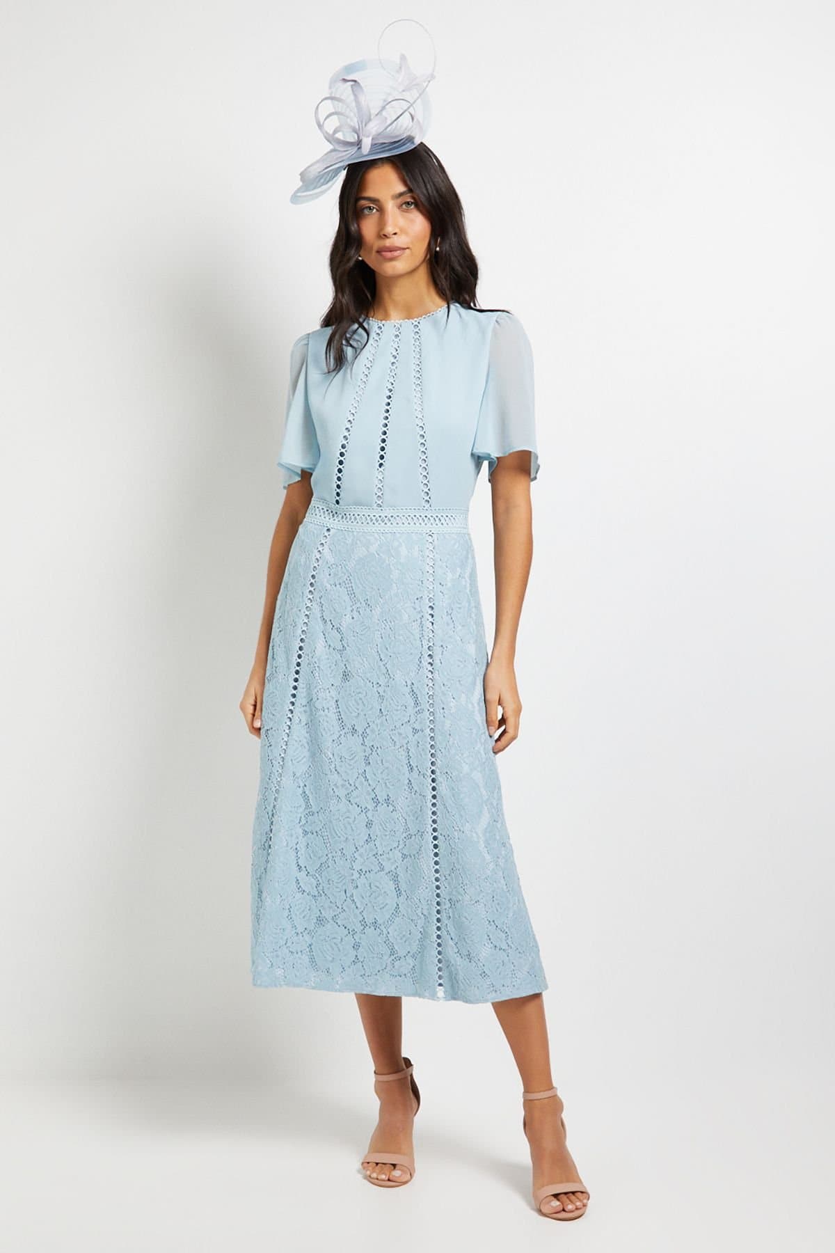 Wallis Wallis Women's Chiffon Lace Insert Midi Dress in Blue