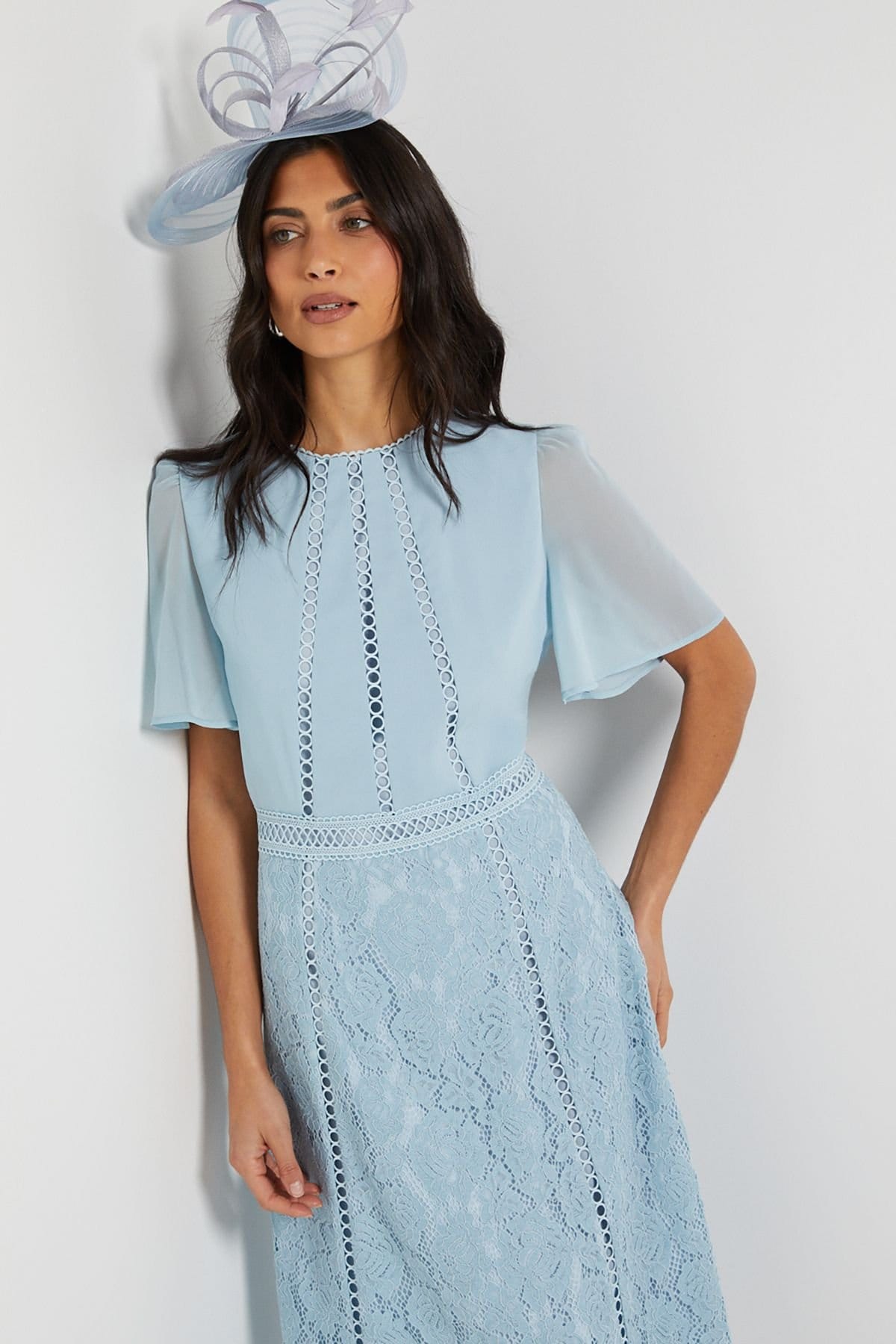 Wallis Wallis Women's Chiffon Lace Insert Midi Dress in Blue - 4