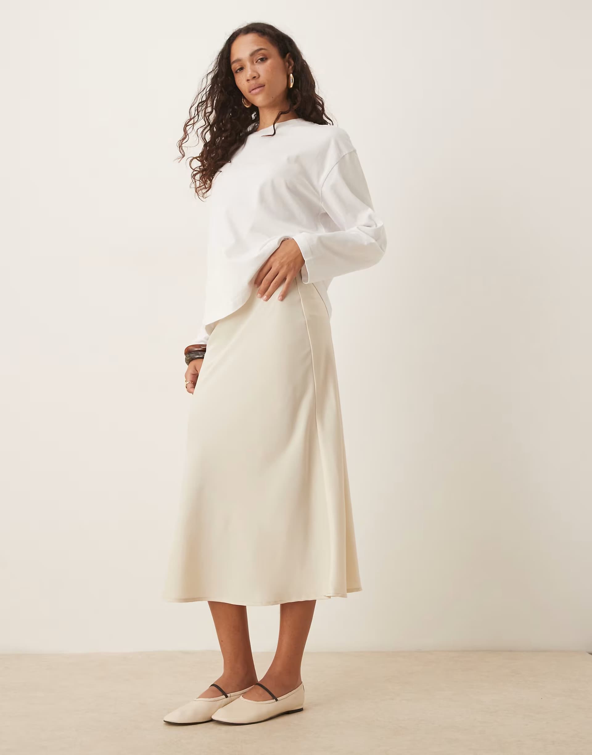 ASOS YAS Birch Cream Satin Midi Skirt