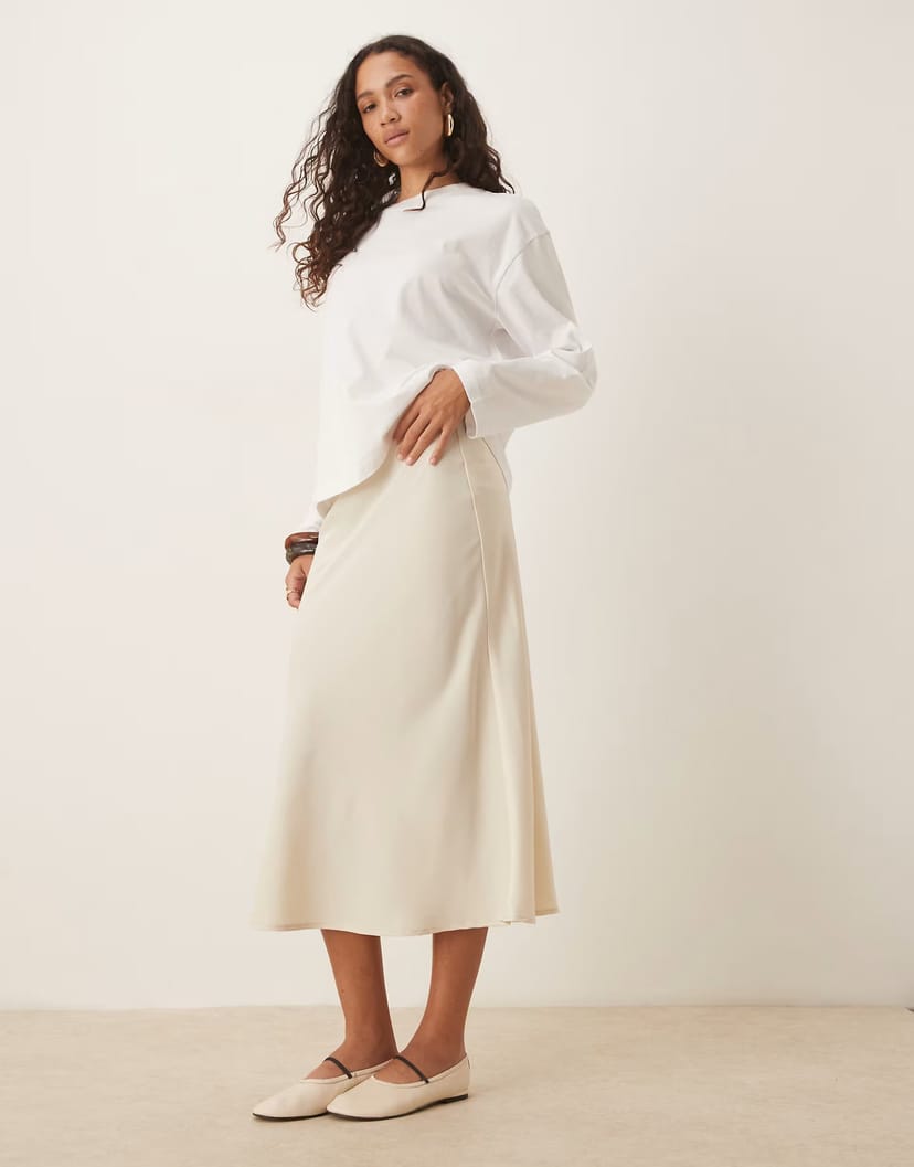 ASOS YAS satin midi skirt in birch cream - 1