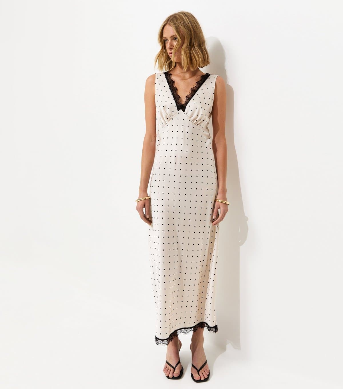 New Look Women's Cream Polka Dot Satin Lace Trim Midi Dress New Look