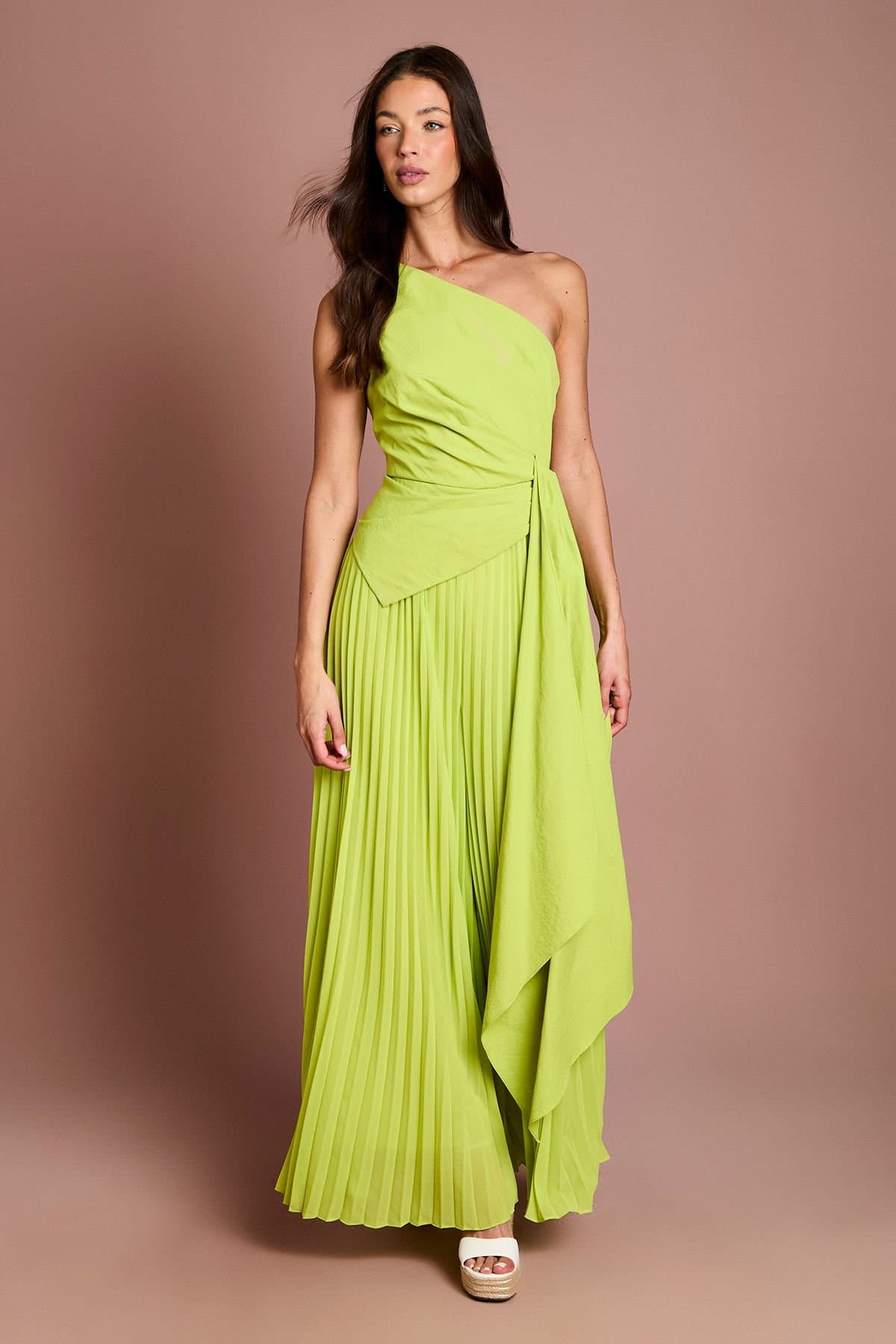 Coast Coast Women's One Shoulder Drape Detail Wide Leg Jumpsuit in Lime