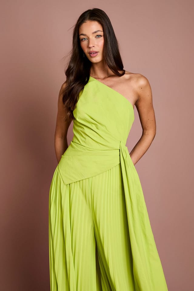Coast Coast Women's One Shoulder Drape Detail Wide Leg Jumpsuit in Lime - 2