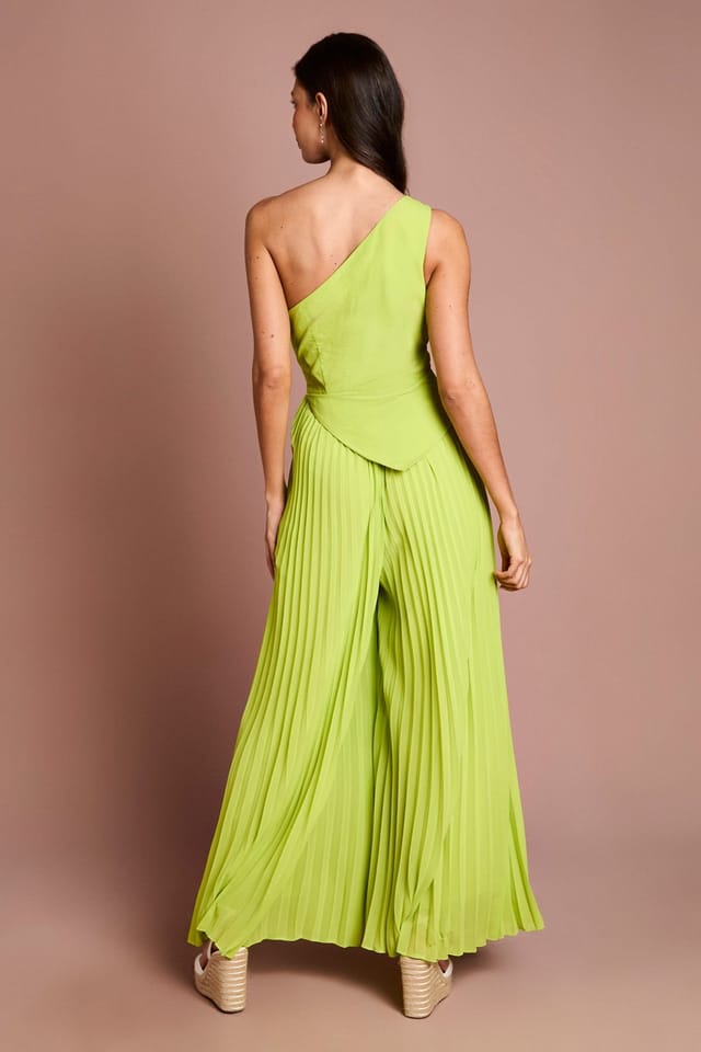 Coast Coast Women's One Shoulder Drape Detail Wide Leg Jumpsuit in Lime - 3