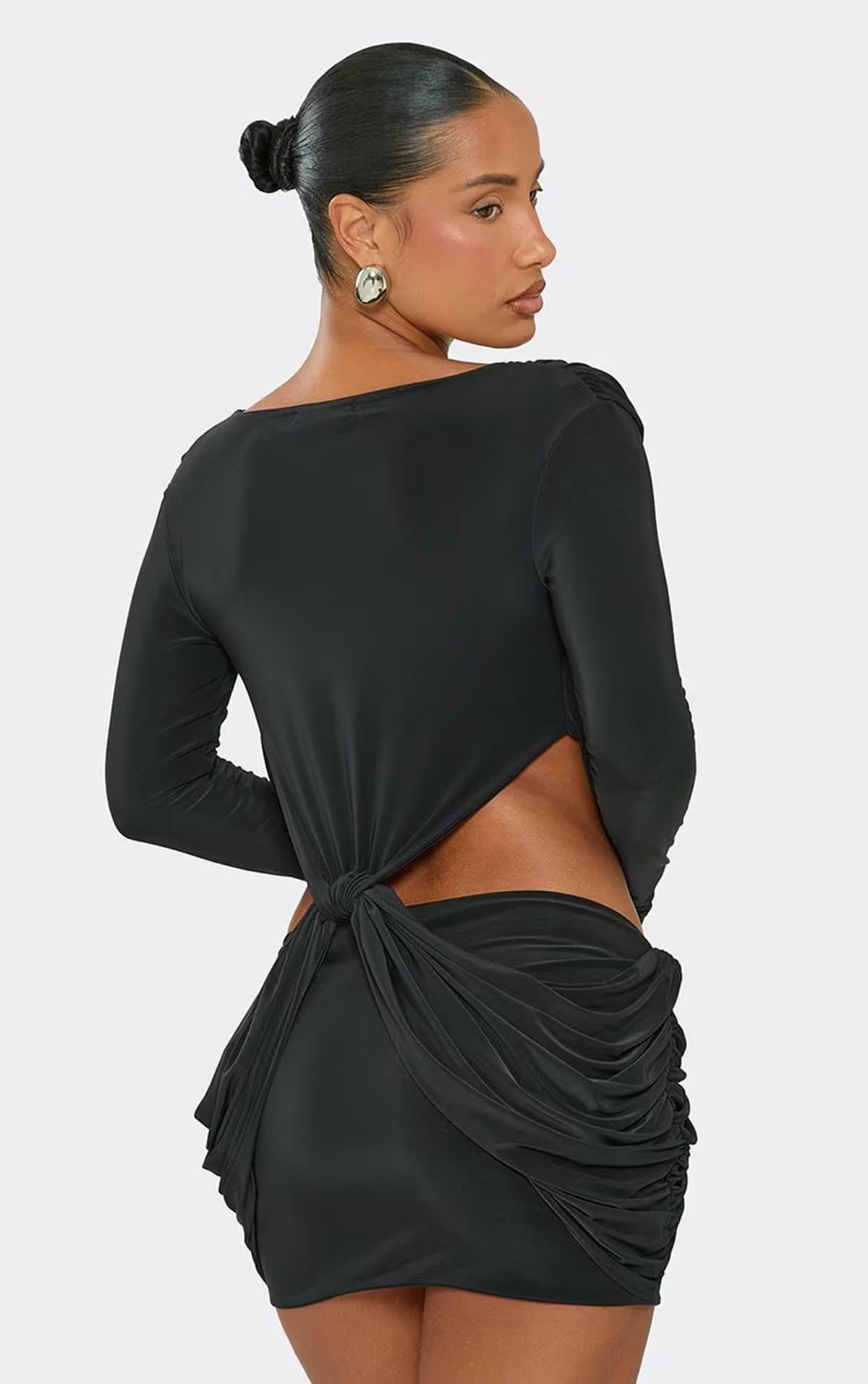 EGO Long Sleeve Extreme Cowl Neck Cut Out Mini Dress In Black Slinky, Women's Size UK 6