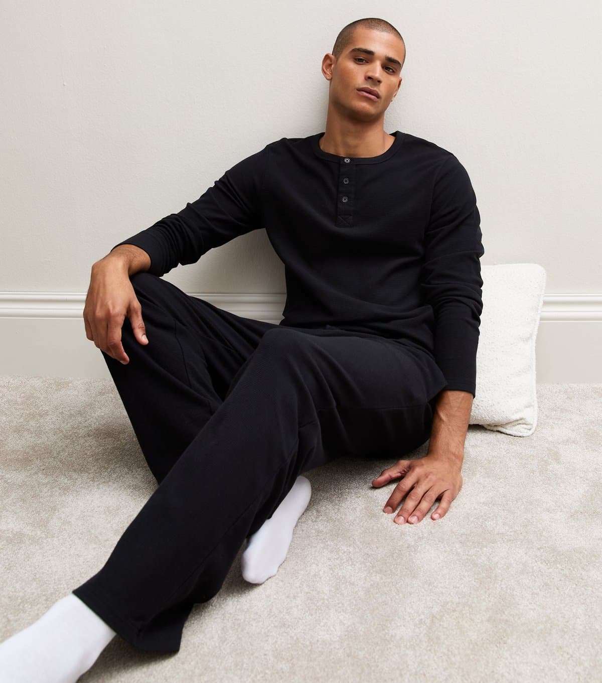 New Look Men's Black Cotton Rich Waffle Henley Long Sleeve Top And Bottoms Pyjama Set New Look