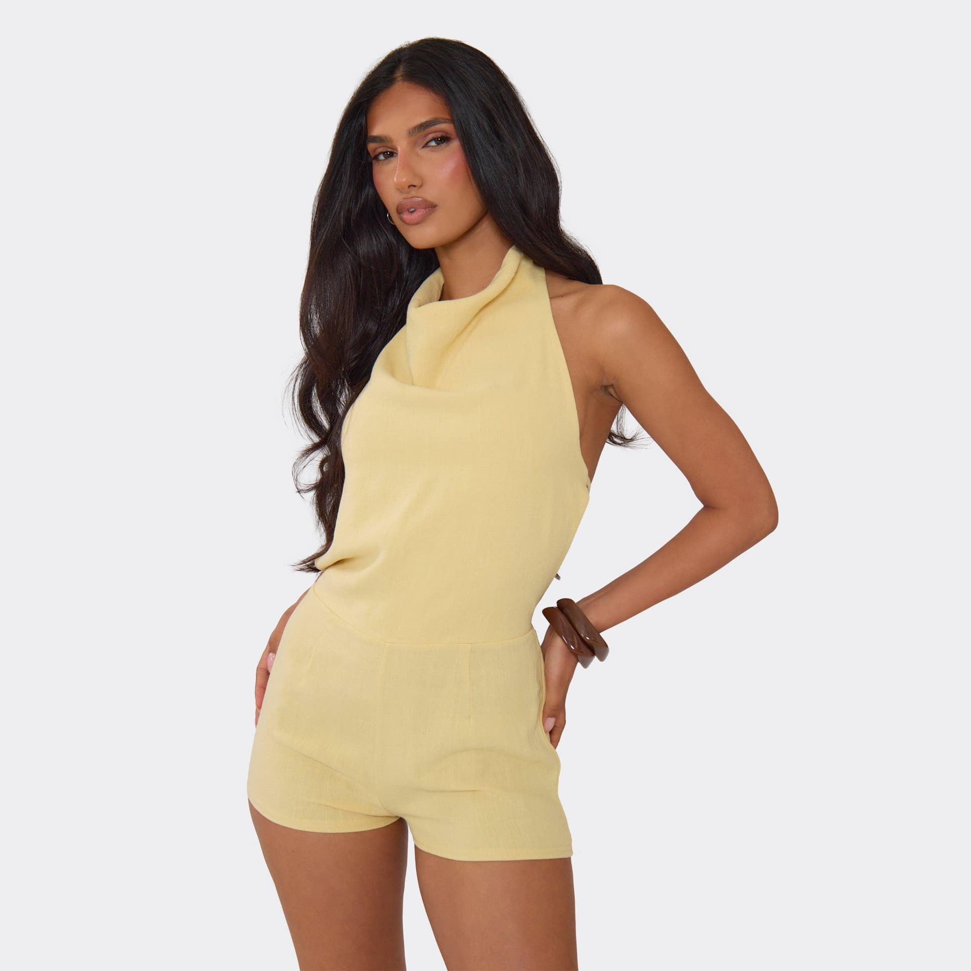 EGO High Cowl Neck Tie Back Playsuit In Lemon, Women's Size UK 6