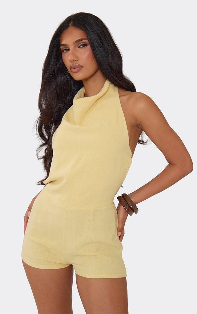 EGO High Cowl Neck Tie Back Playsuit In Lemon, Women's Size UK 6 - 2