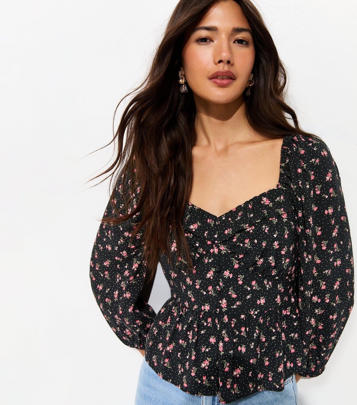 New Look New Look Black Ditsy Floral Cropped Sleeve Milkmaid Top