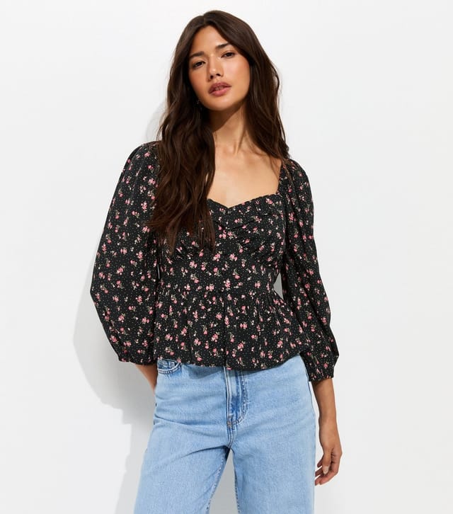 New Look Women's Black Ditsy Floral Cropped Sleeve Milkmaid Top New Look - 2