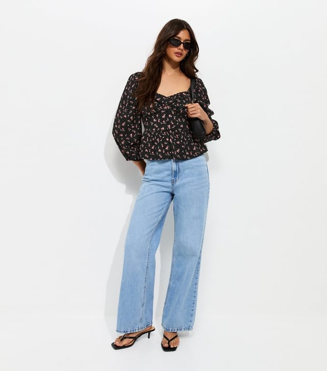 New Look Women's Black Ditsy Floral Cropped Sleeve Milkmaid Top New Look - 3