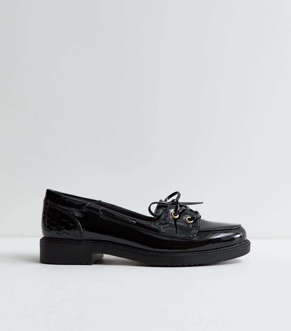 New Look Women's Black Patent Faux Leather Lace Up Loafers Vegan New Look