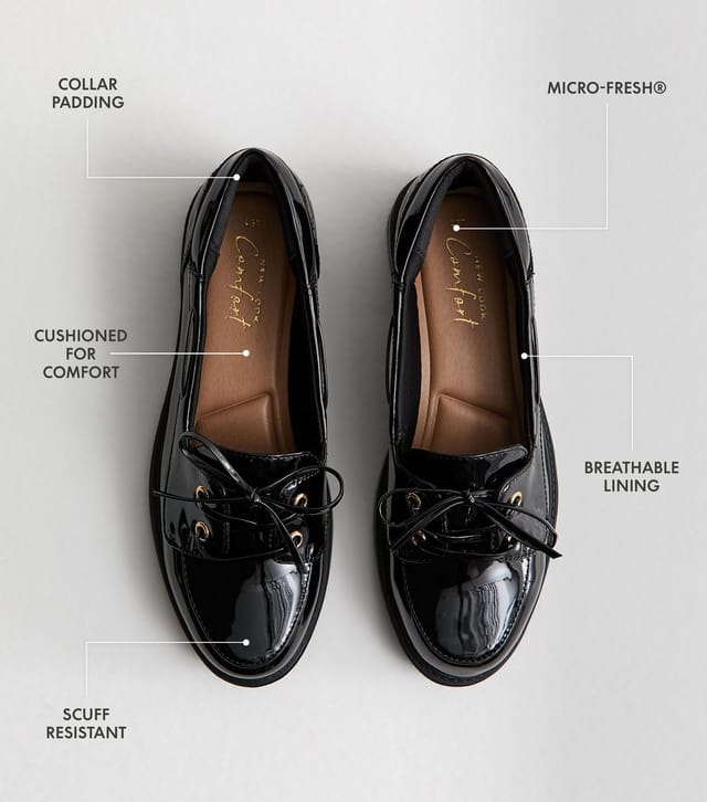 New Look Women's Black Patent Faux Leather Lace Up Loafers Vegan New Look - 2