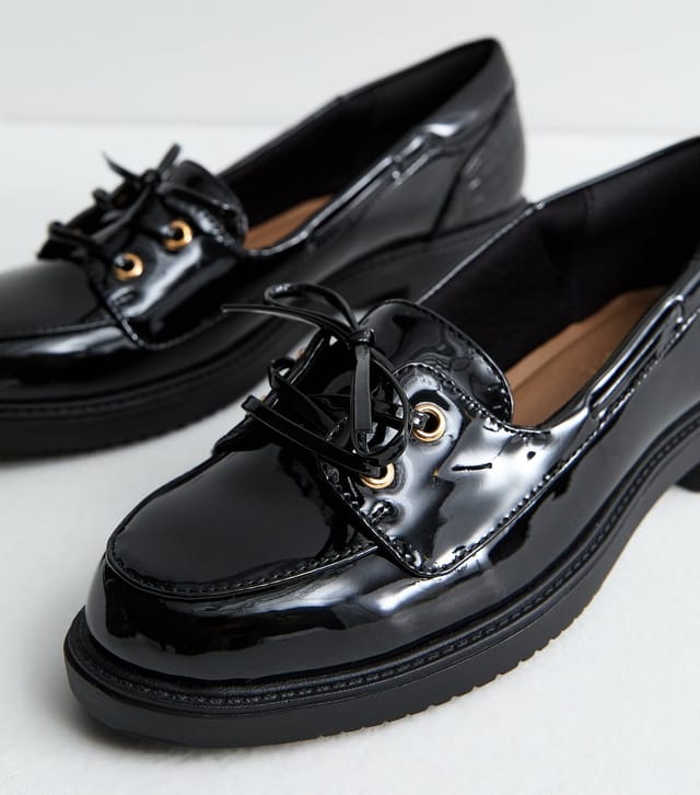 New Look Women's Black Patent Faux Leather Lace Up Loafers Vegan New Look - 3
