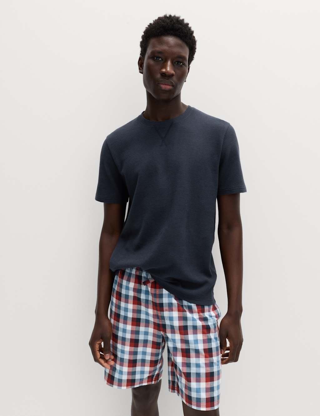 Marks & Spencer M&S Pure Cotton Checked Pyjamas Set Navy Mix