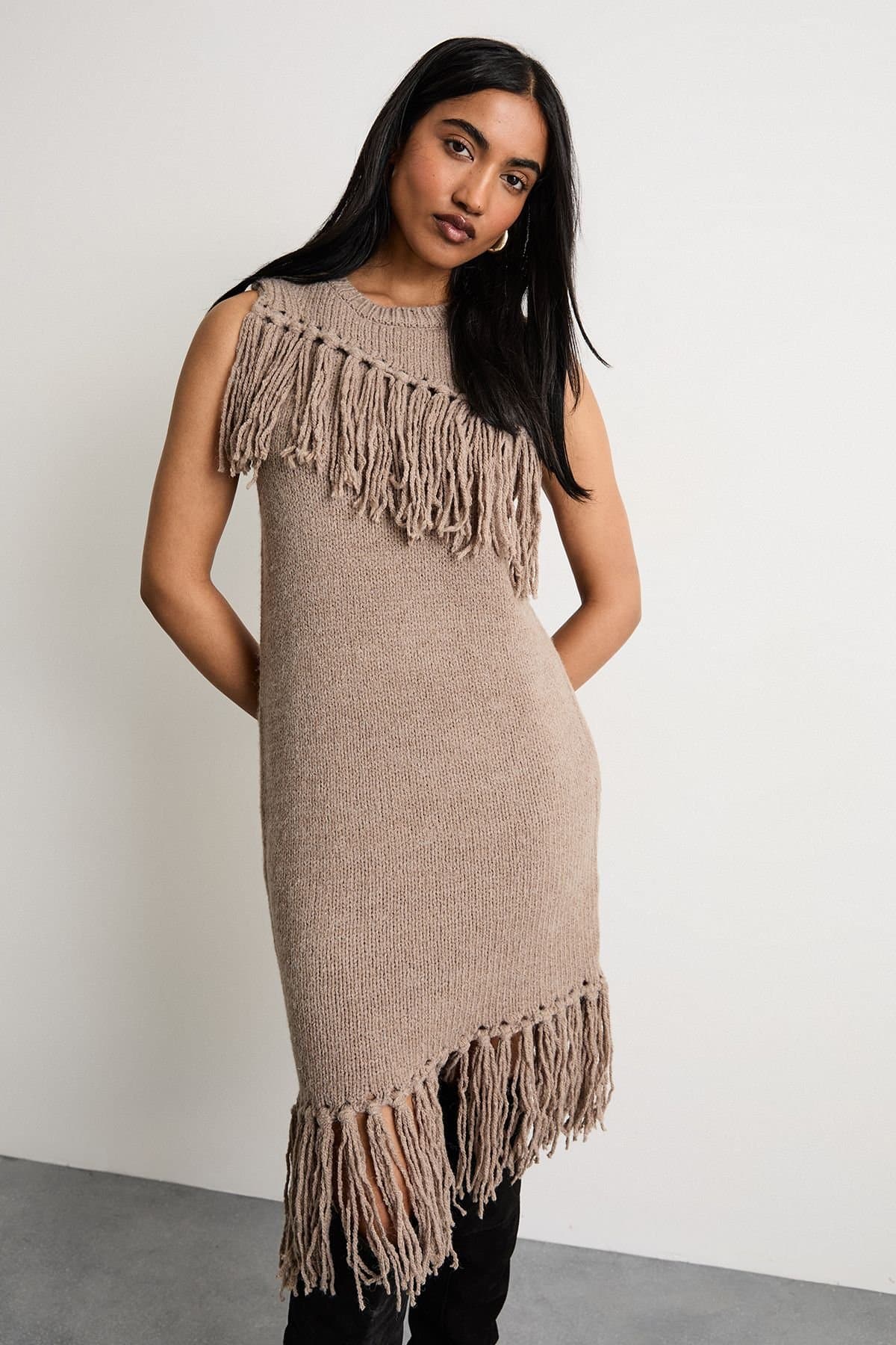 Warehouse Warehouse Tan Fringe Mini Dress for Women