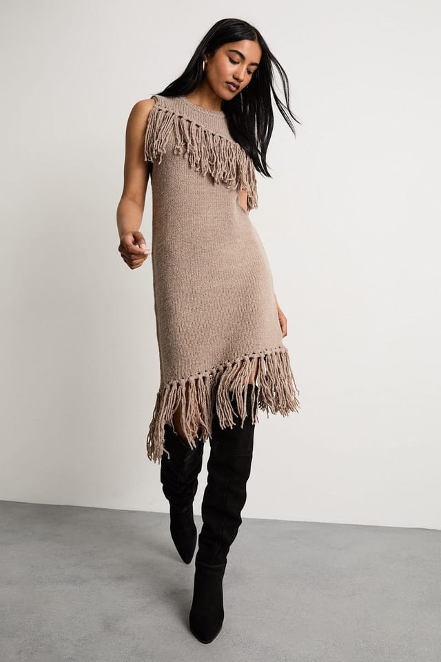Warehouse Warehouse Women's Fringe Column Mini Dress in Tan - 2