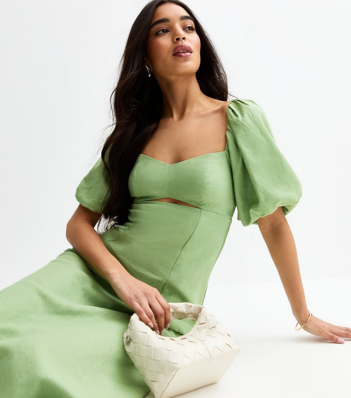 New Look Women's Light Green Linen Blend Puff Sleeve Midi Dress New Look - 2