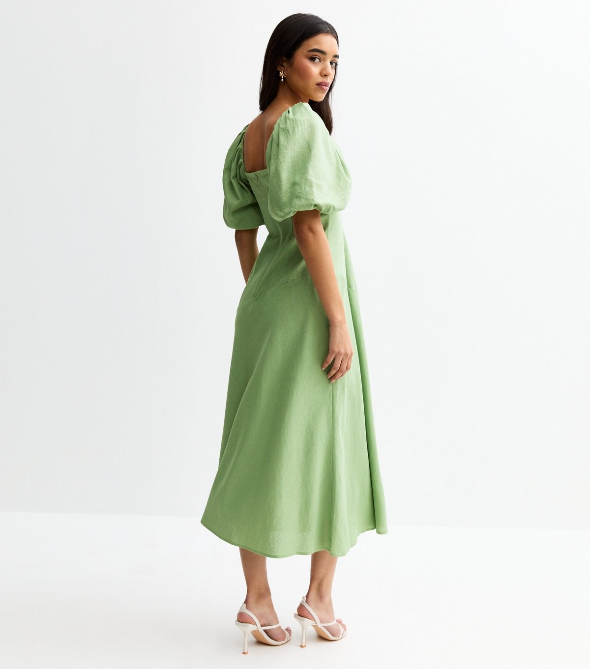 New Look Women's Light Green Linen Blend Puff Sleeve Midi Dress New Look - 4