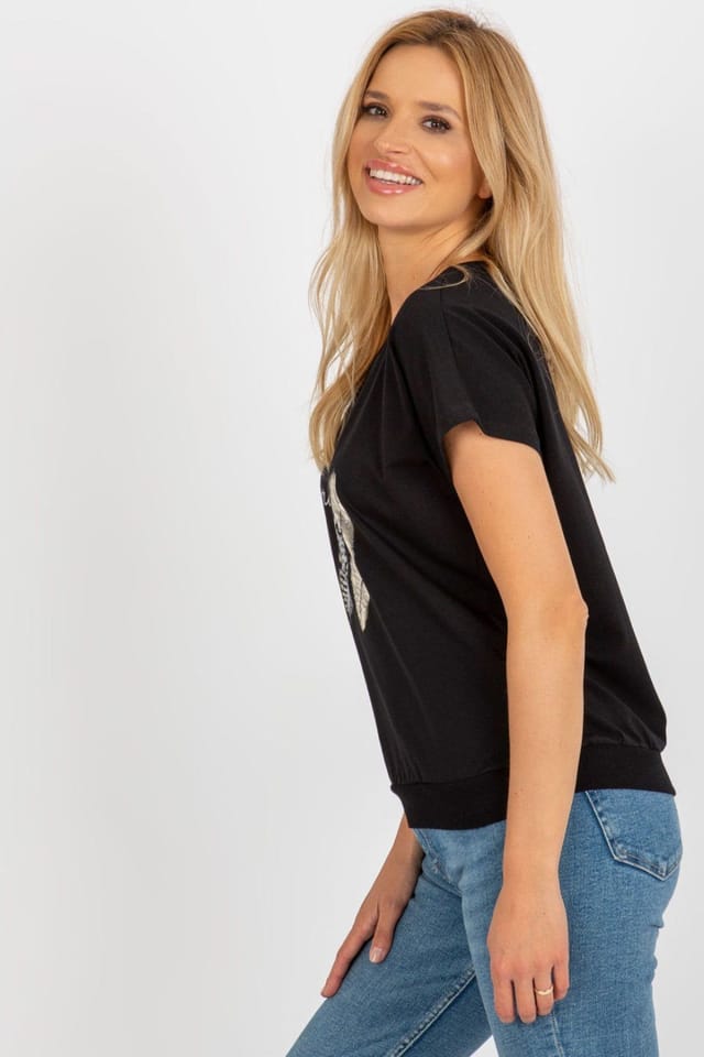Love Lace Love Lace Women's Straight Cut Short Sleeve Blouse Print in Black - 3