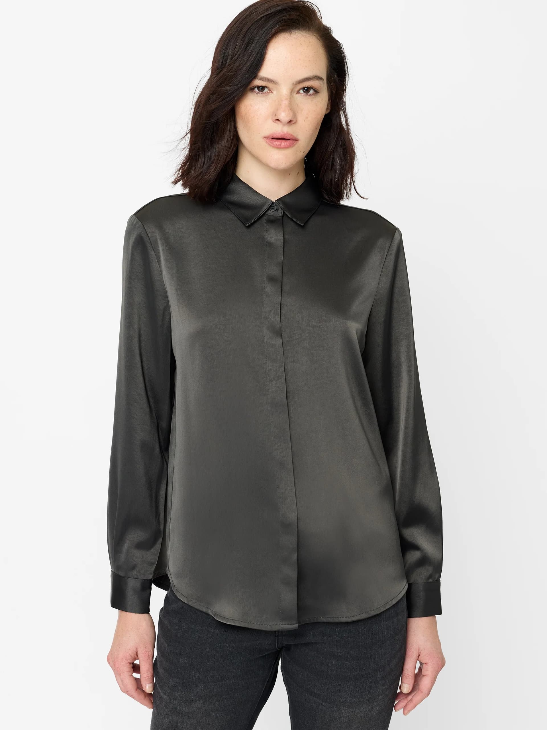 French Connection Irina Grey Satin Long Sleeve Shirt Graphite