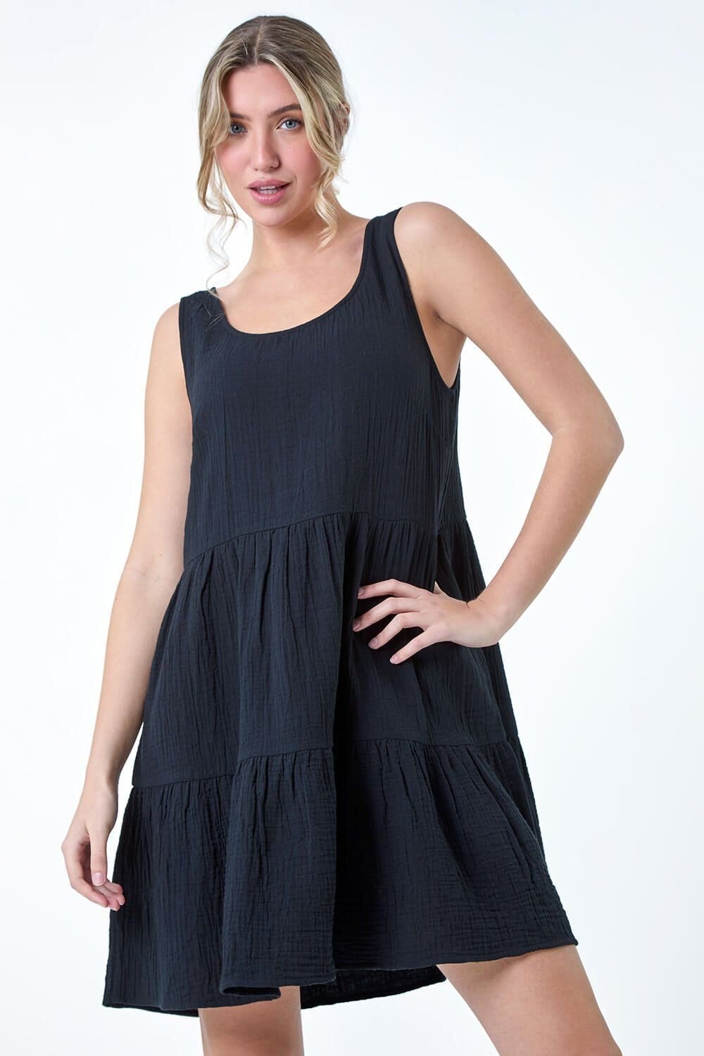 Dusk Dusk Women's Tiered A-Line Cotton Dress in Black - 4