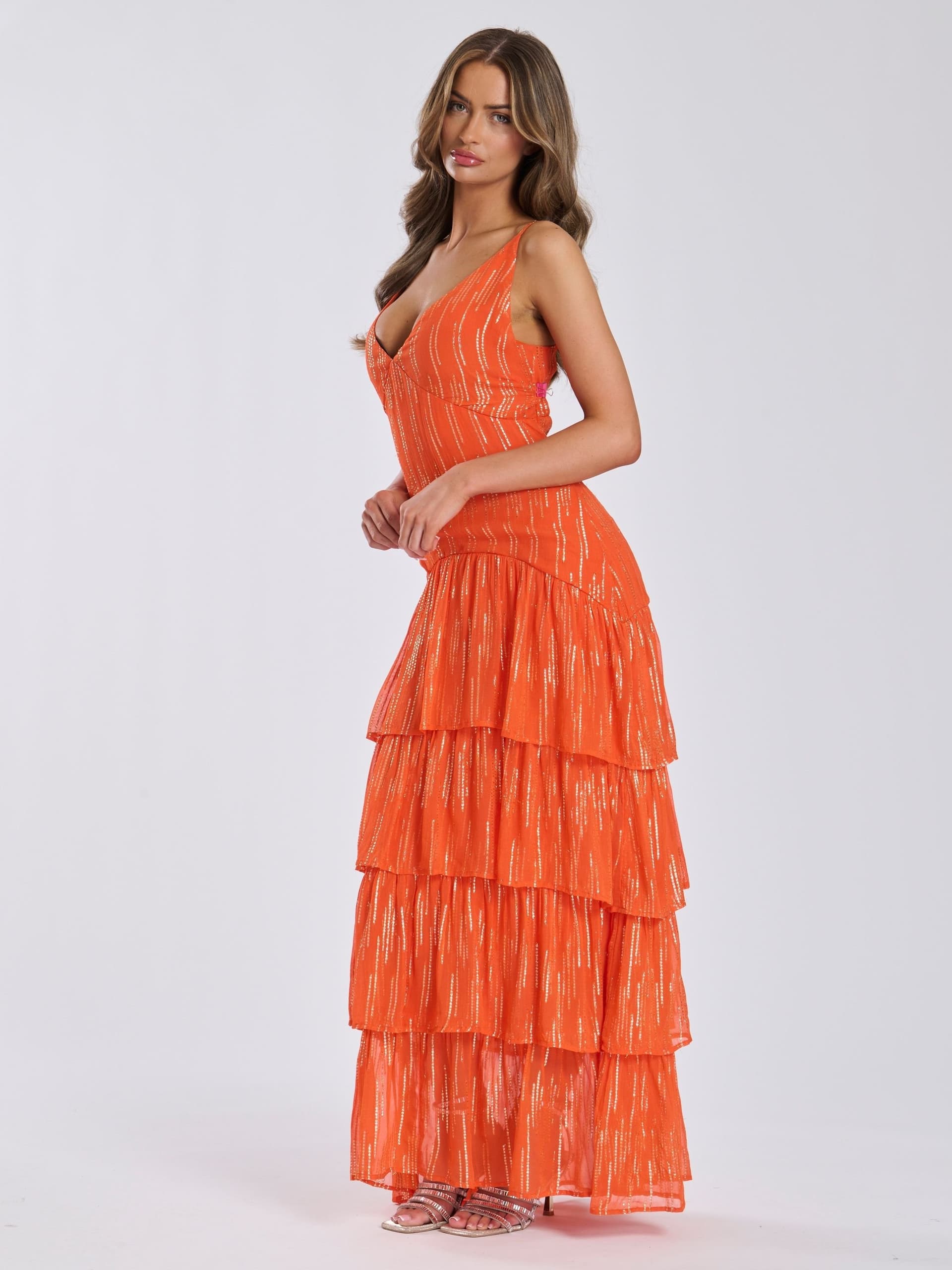 Finding Friday Finding Friday Women's Metallic Ruffle Strappy Shoulder Maxi Dress in Orange